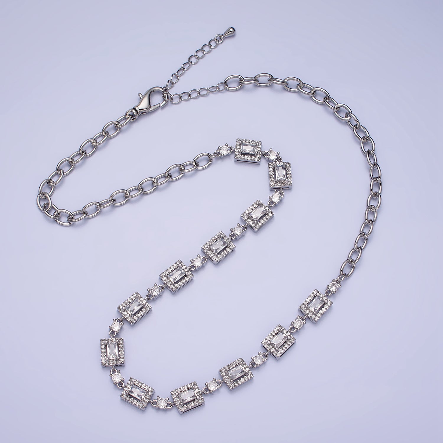 Gold Filled Baguette Micro Paved Round CZ Cable Link 17 Inch Chain Necklace in Silver & Gold | WA-1610 WA-1615 - DLUXCA