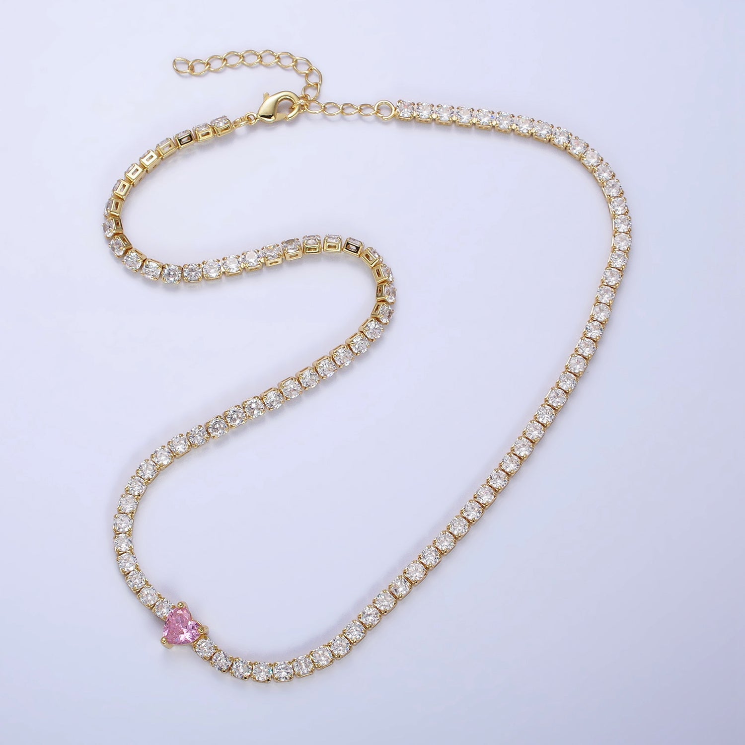 24K Gold Filled Pink CZ Heart Valentine Tennis Chain 13.5mm Choker Statement Necklace | WA-1673 - DLUXCA