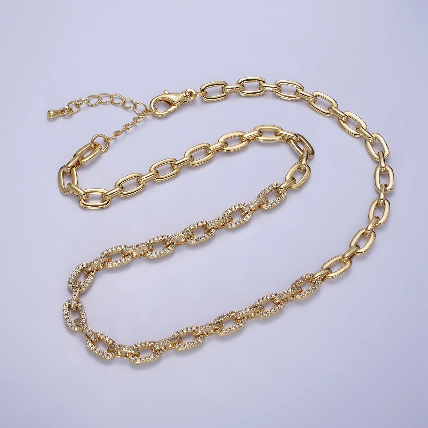 24K Gold Filled 6.5mm Half Micro Paved CZ Paperclip 17 Inch Chain Necklace in Gold & Silver | WA-1674 WA-1675 - DLUXCA