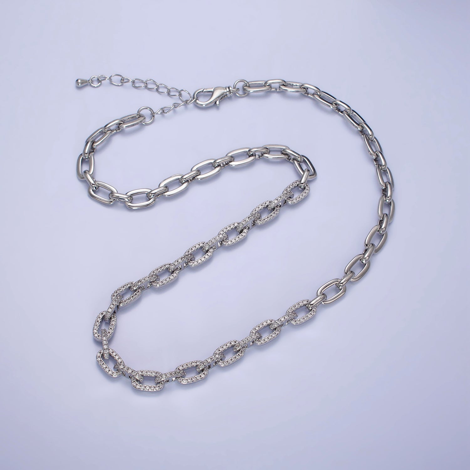 24K Gold Filled 6.5mm Half Micro Paved CZ Paperclip 17 Inch Chain Necklace in Gold & Silver | WA-1674 WA-1675 - DLUXCA