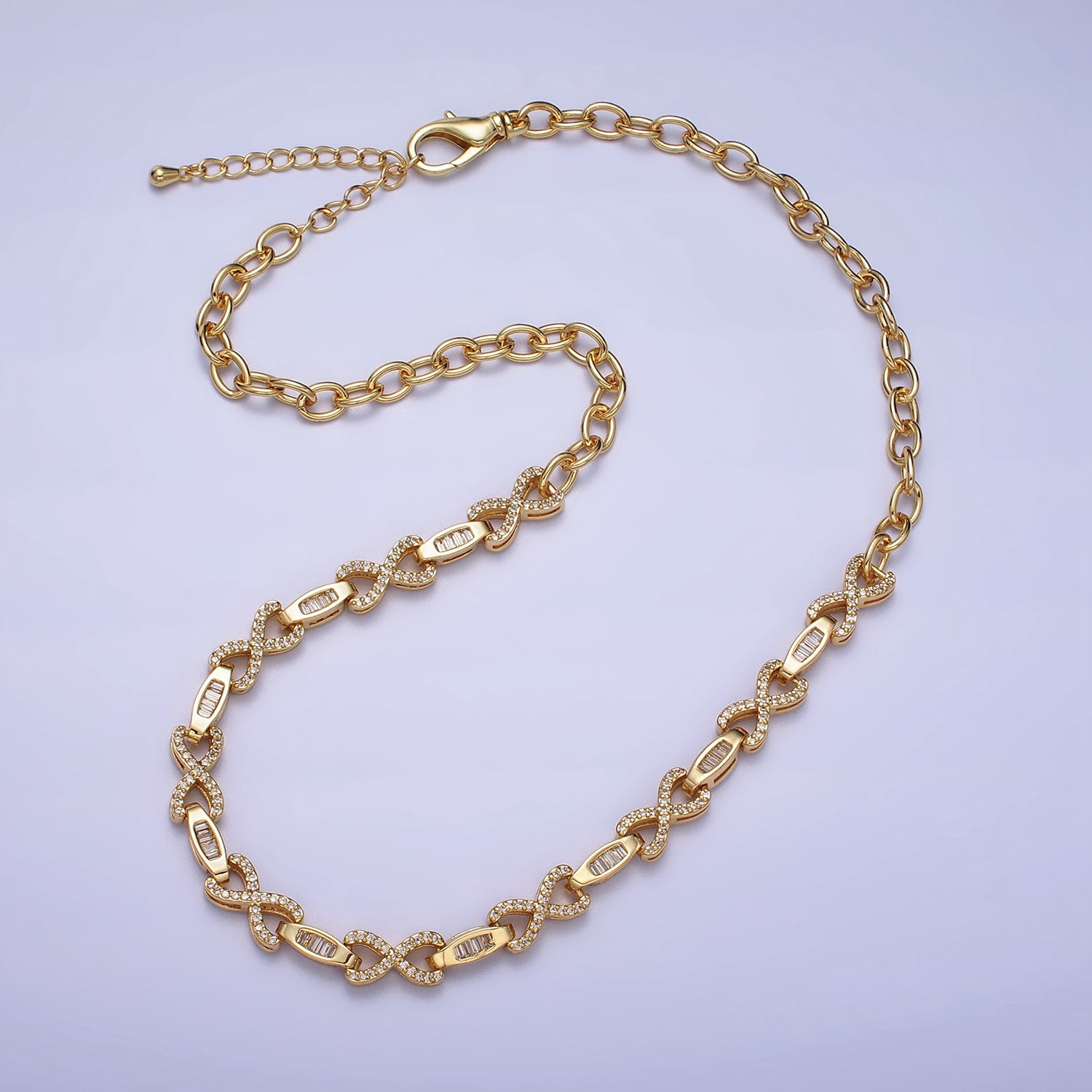 Gold Filled Half 6.5mm Designed Figure Eight Baguette Cable Link 17 Inch Necklace in Silver & Gold | WA-1616 WA-1678 - DLUXCA