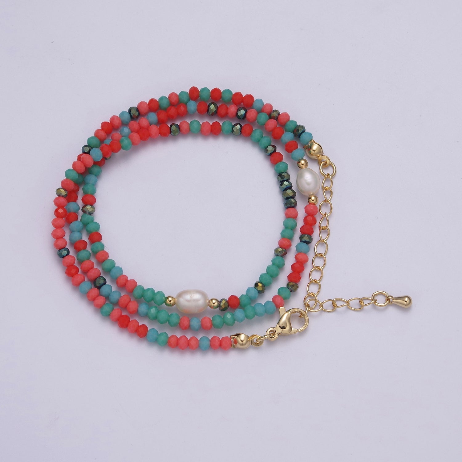 Gorgeous colorful red, green Glass bead w/ Pearl gold chain necklace for Christmas Holiday Season - DLUXCA