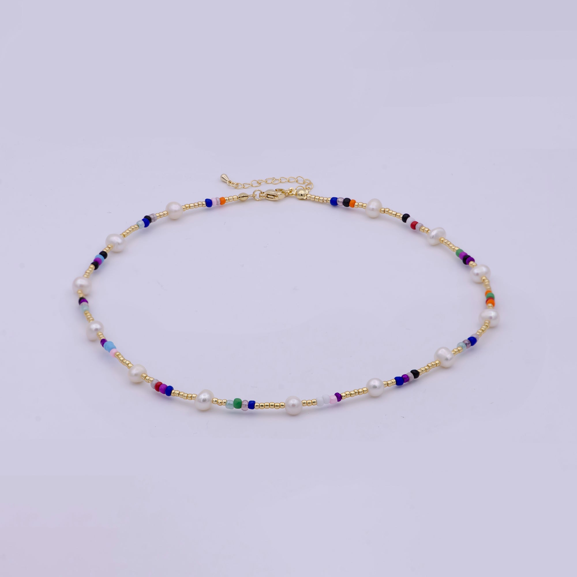 16.5" Freshwater Pearl & Colorful Gold Bead Choker Necklace, Y2K Necklace Accessories WA-545 - DLUXCA