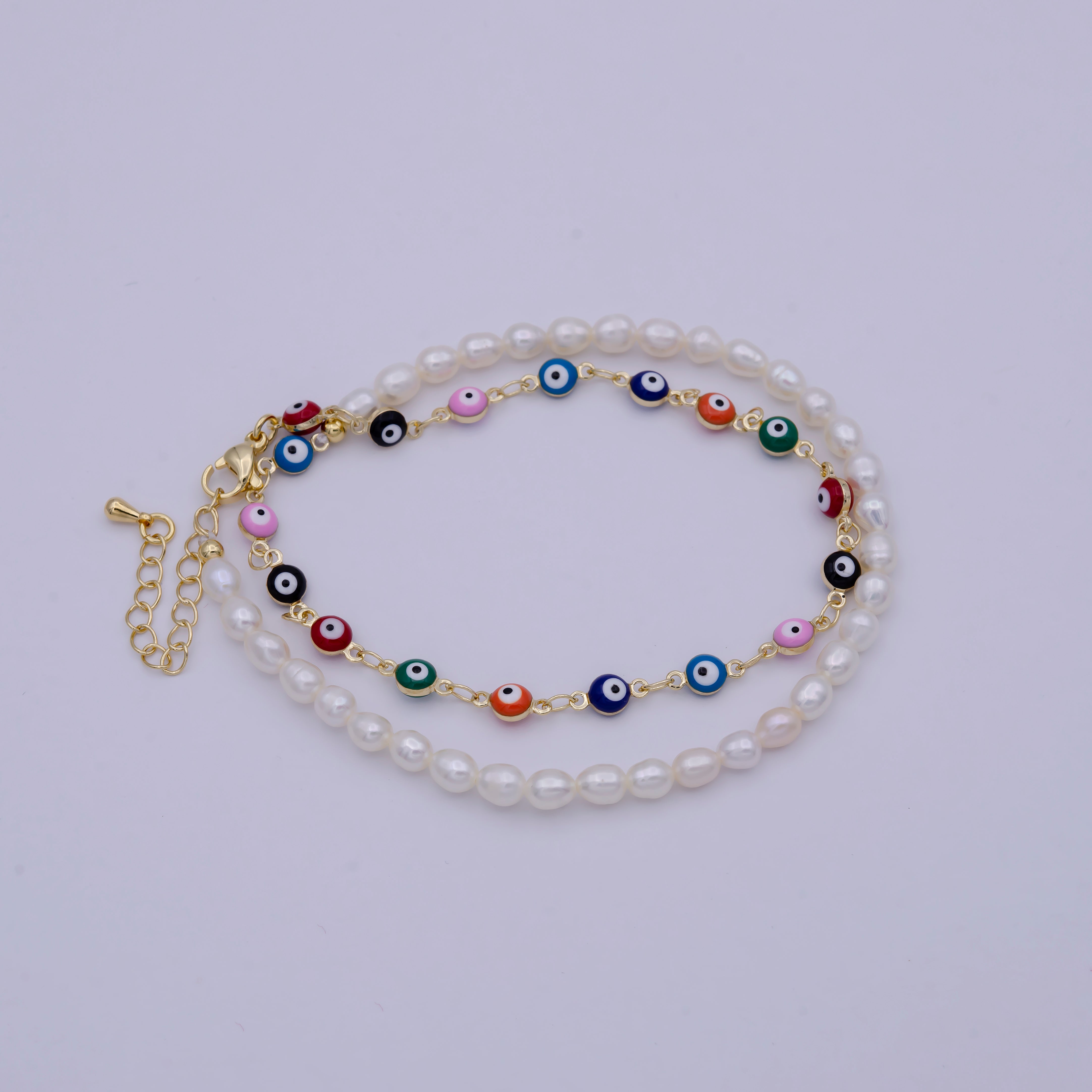 Gold Multicolor Evil Eye Choker Necklace, Pearl Beaded Layering Necklace WA-670 - DLUXCA