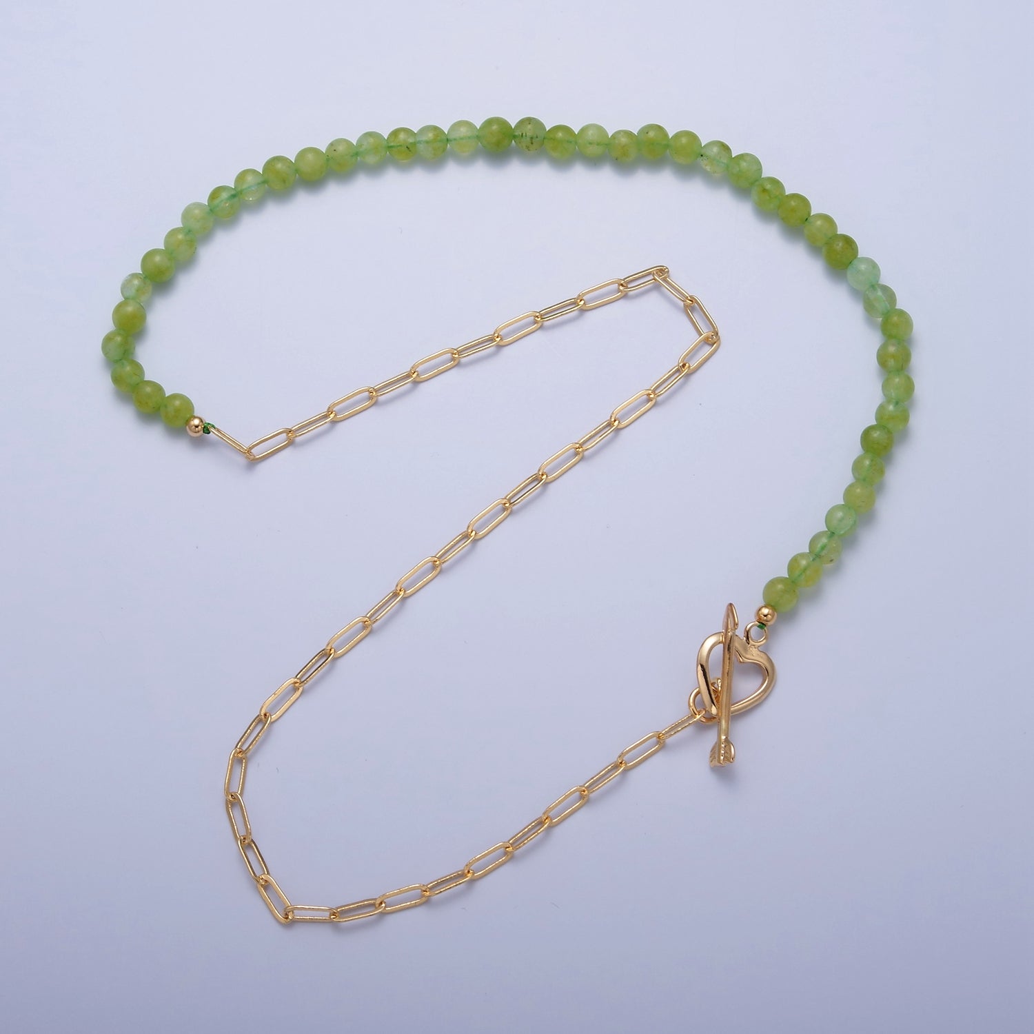 Dainty Half Bead Half Link Chain Necklace, 24k Gold Filled Paperclip Chain with Green Jade Necklace Heart Toggle Clasp WA-959 - DLUXCA