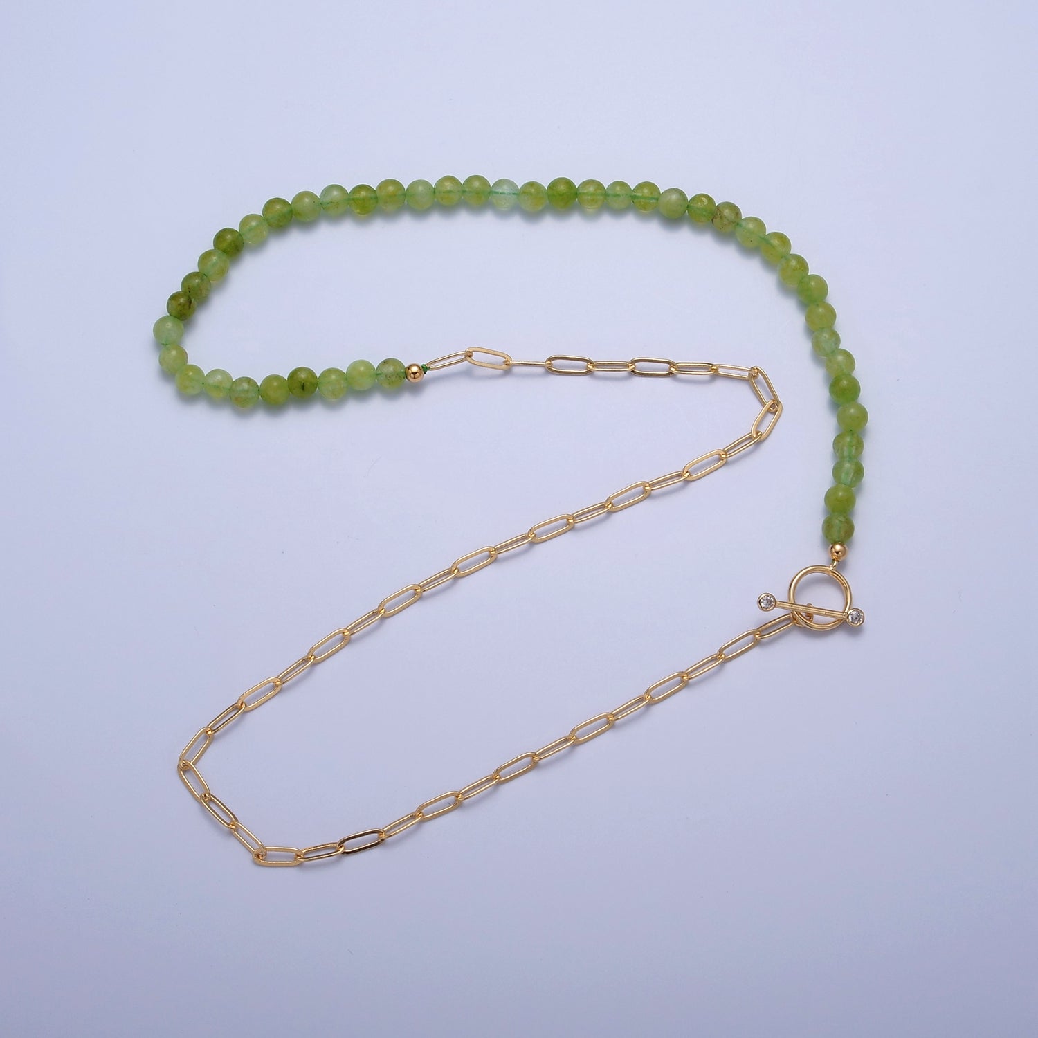 Dainty Half Bead Half Link Chain Necklace, 24k Gold Filled Paperclip Chain with Green Jade Necklace Toggle Clasp WA-960 - DLUXCA