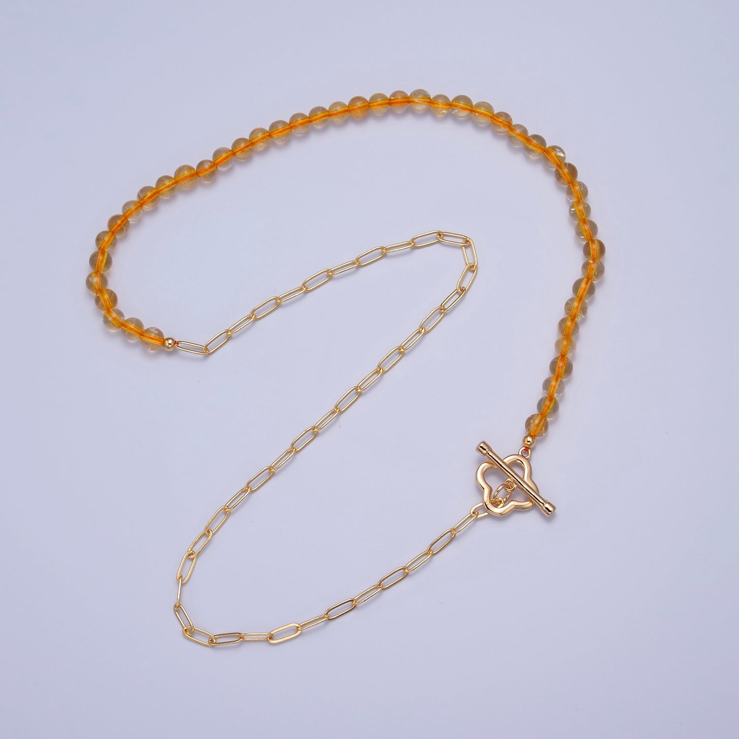 Dainty Half Bead Half Link Chain Necklace, 24k Gold Filled Paperclip Chain with Yellow Quartz Necklace WA-962 - DLUXCA