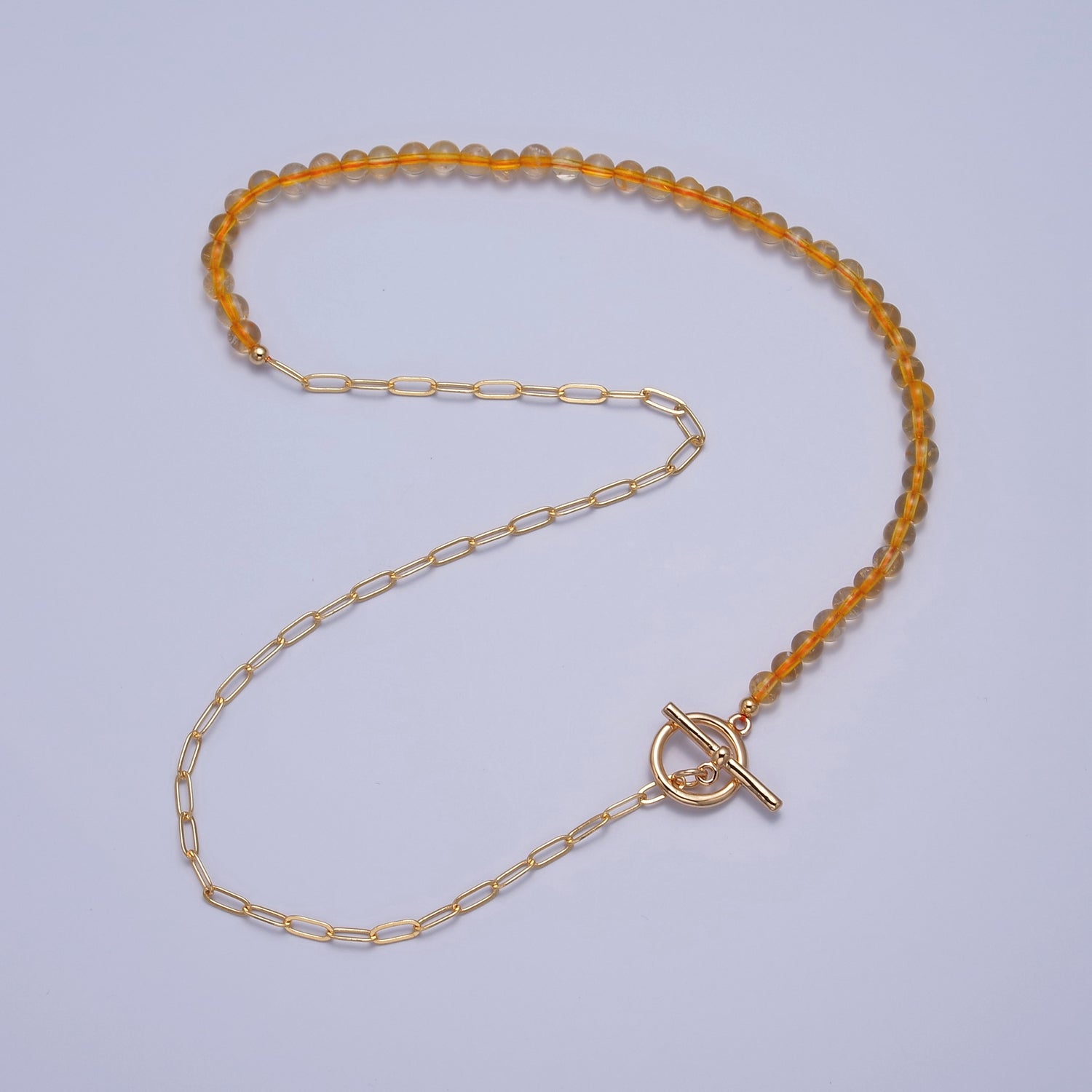Dainty Half Bead Half Link Chain Necklace, 24k Gold Filled Paperclip Chain with Yellow Quartz Necklace WA-963 - DLUXCA