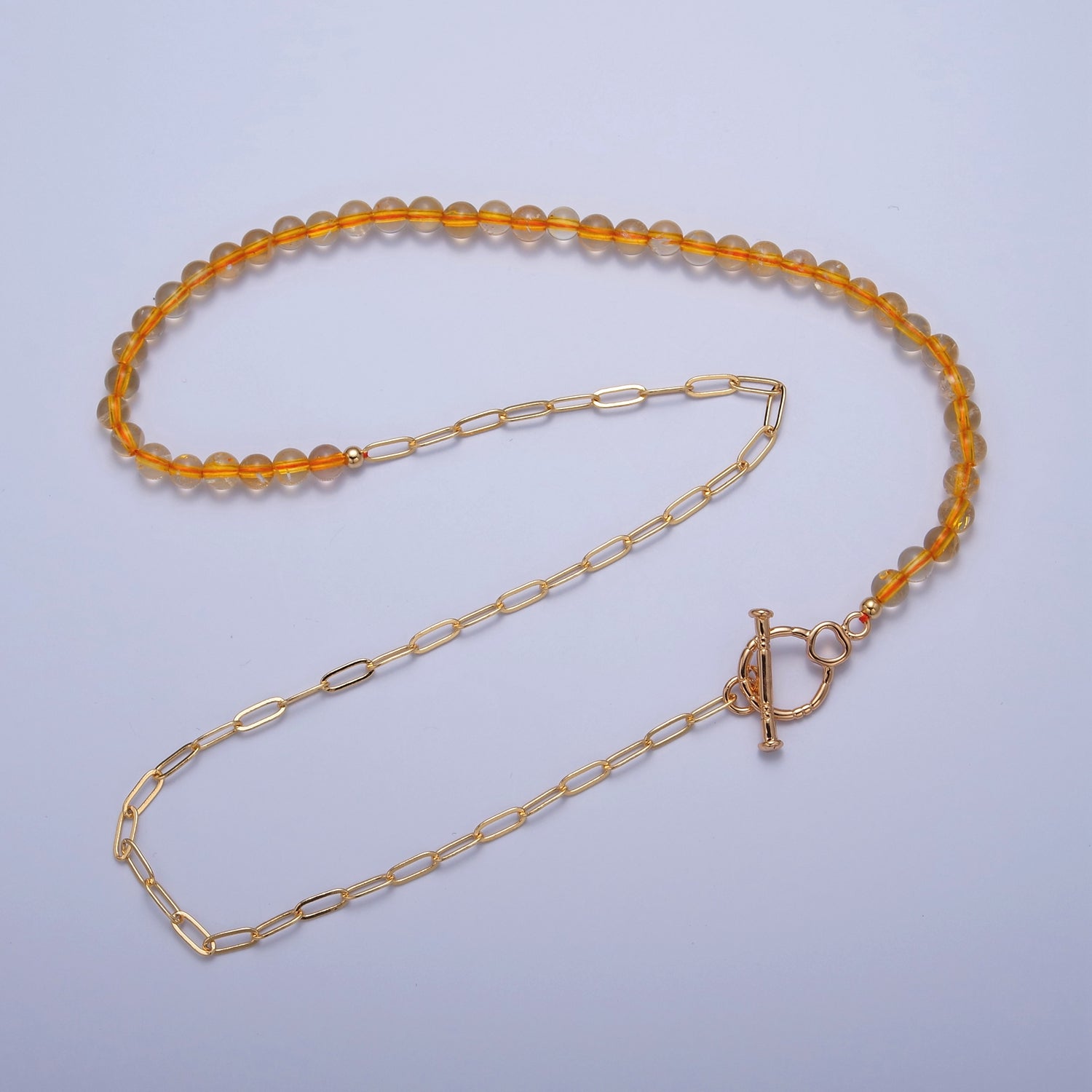 Dainty Half Bead Half Link Chain Necklace, 24k Gold Filled Paperclip Chain with Yellow Quartz Necklace WA-964 - DLUXCA