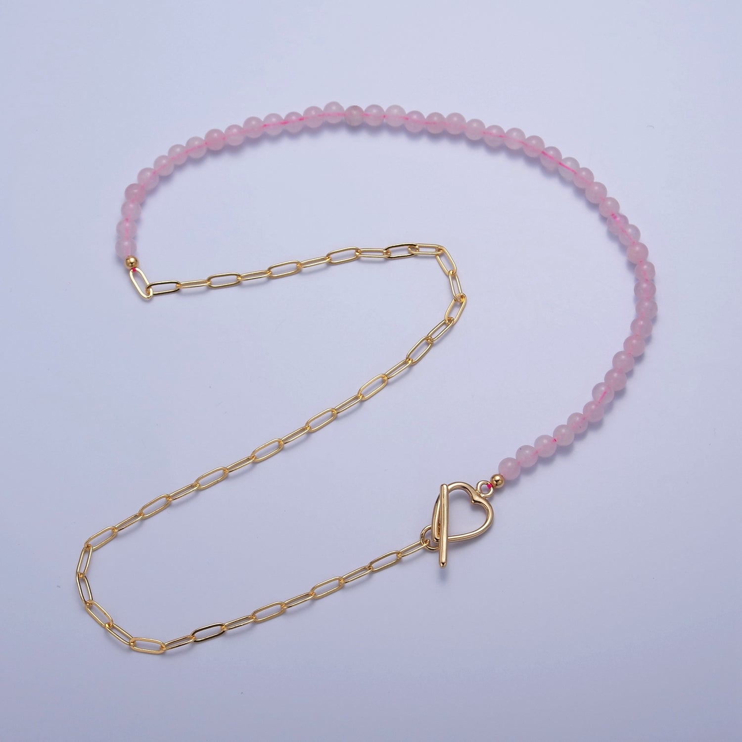 Dainty Half Bead Half Link Chain Necklace, 24k Gold Filled Paperclip Chain with Pink Quartz Necklace Heart Toggle Clasp WA-969 - DLUXCA