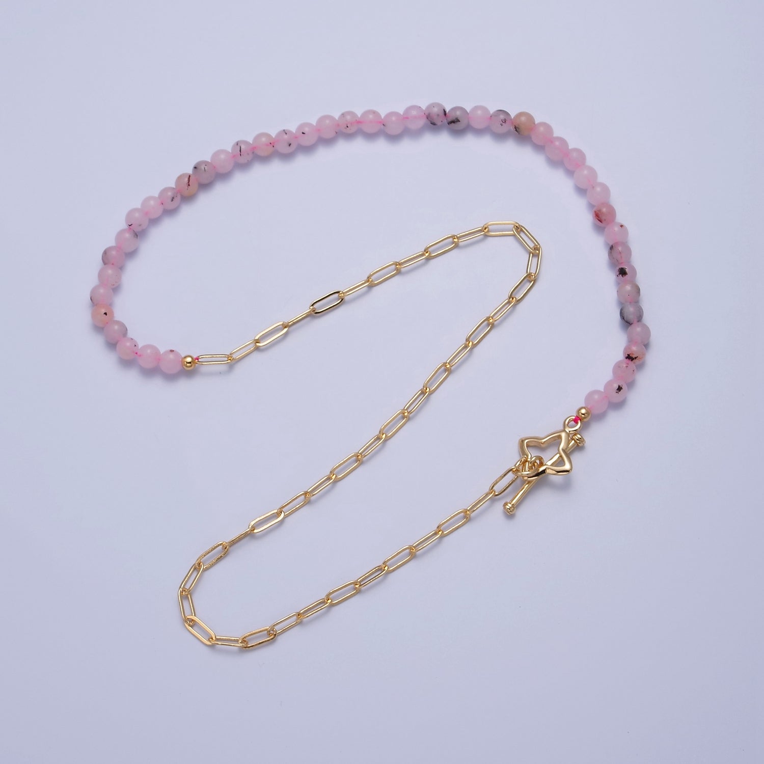 Dainty Half Bead Half Link Chain Necklace, 24k Gold Filled Paperclip Chain with Pink Jade Necklace Toggle Clasp WA-972 - DLUXCA