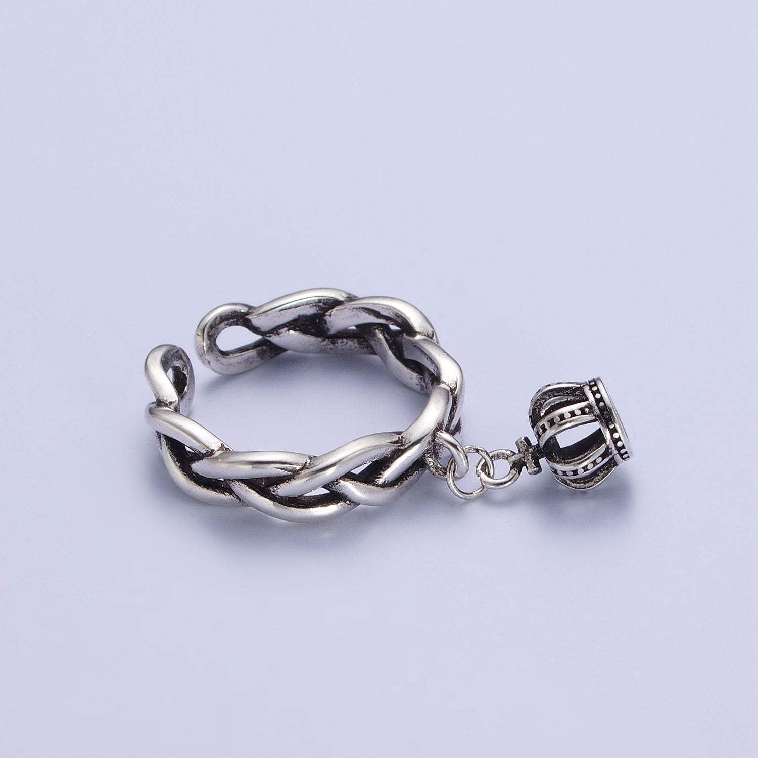 White Gold Filled Braided Twist Rope Chain Link with Royal Crown Dangle Charm Adjustable Silver Ring | X552 - DLUXCA