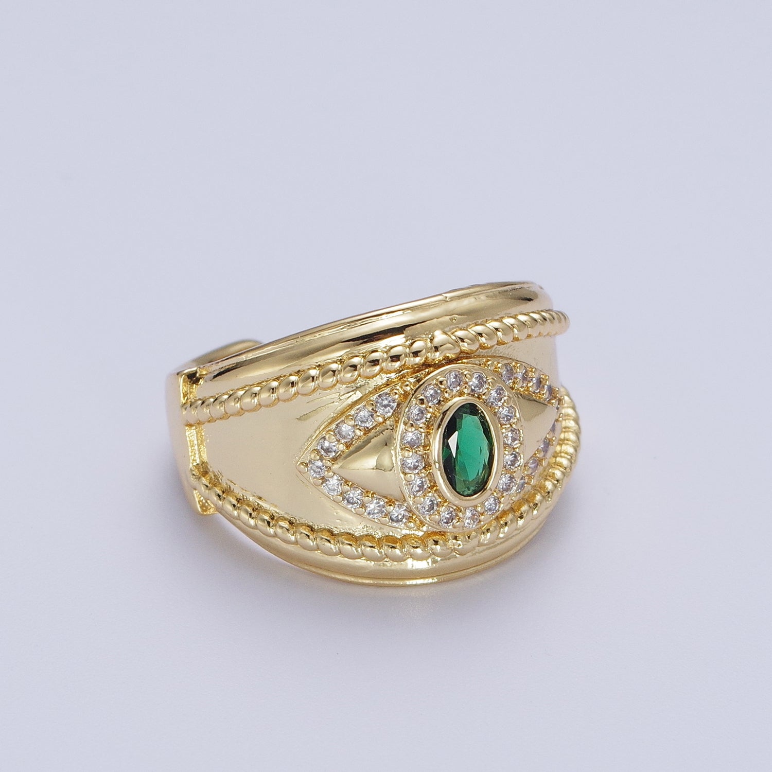 Emerald Green Micro Paved Cubic Zirconia Twist Rope Gold Signet Ring | X564 - DLUXCA