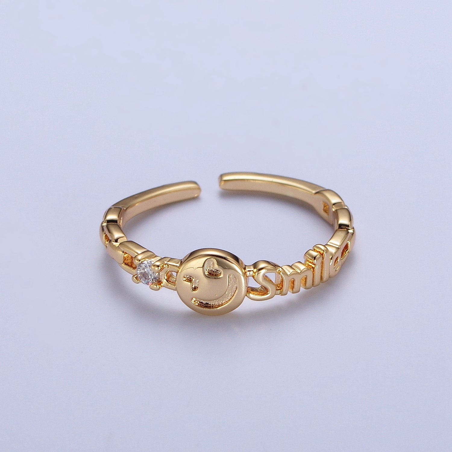 24K Gold Filled Happy Face & Smile Script with Cubic Zirconia Adjustable Gold Ring | X580 - DLUXCA