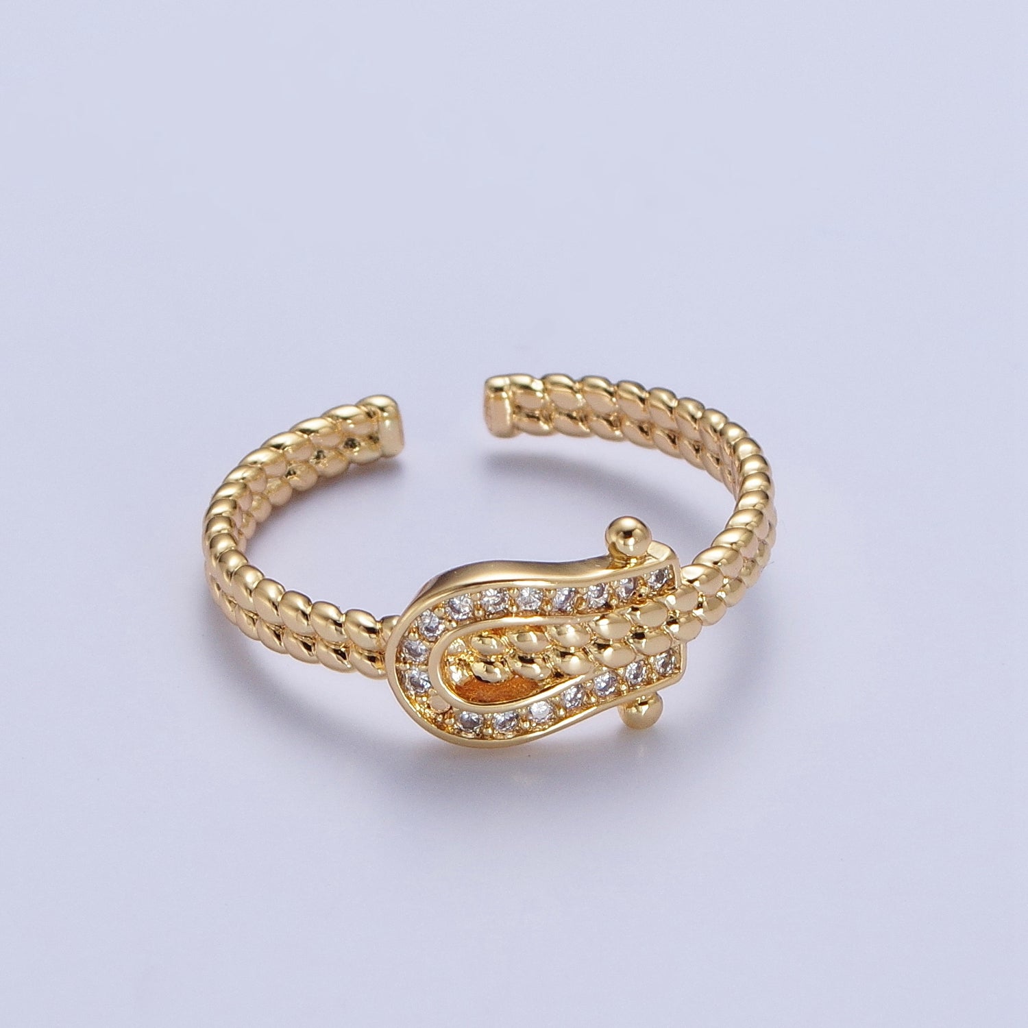 Gold Micro Paved Clear Cubic Zirconia Belt Buckle Twisted Braided Adjustable Ring | X585 - DLUXCA