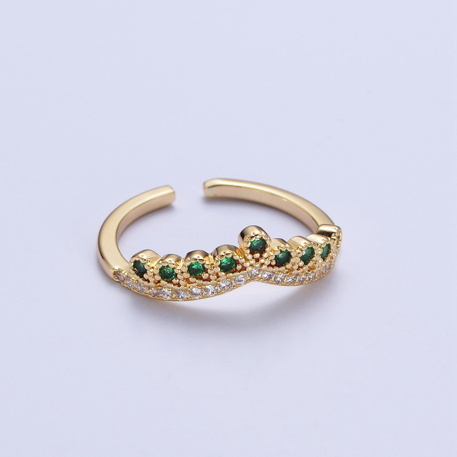 Green & Clear Micro Paved Cubic Zirconia Curved Line Crown Adjustable Gold Ring | X586 - DLUXCA