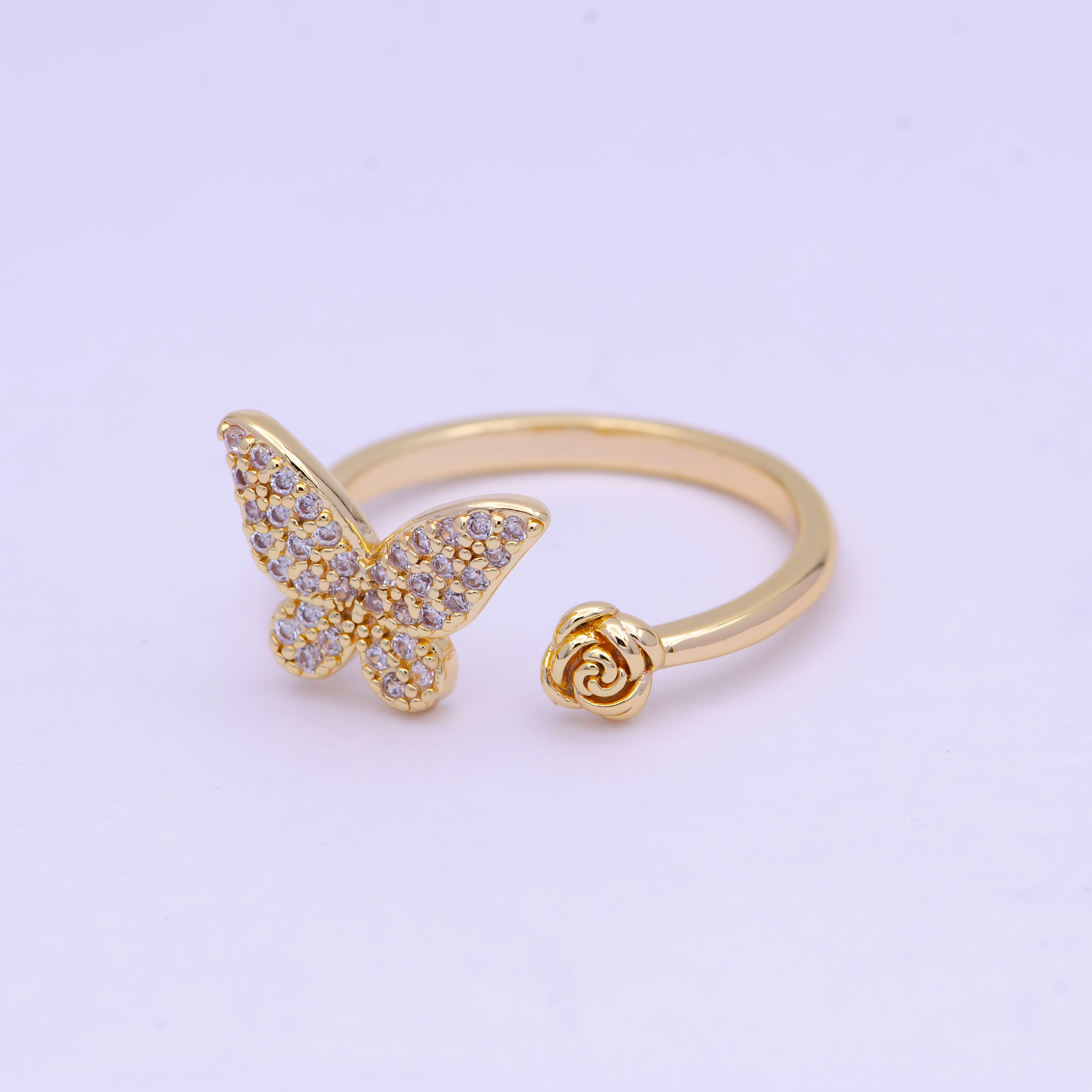 Gold Butterfly Ring with Rose Flower Open Adjustable X-604 - DLUXCA