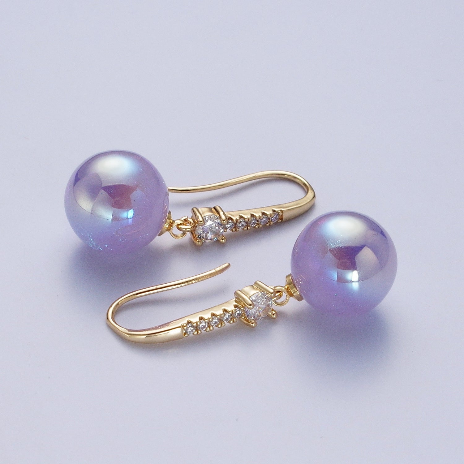 24K Gold Filled Micro Pave CZ Dangle Earrings with Round Ball Pastel AB Color Drop X819 - DLUXCA