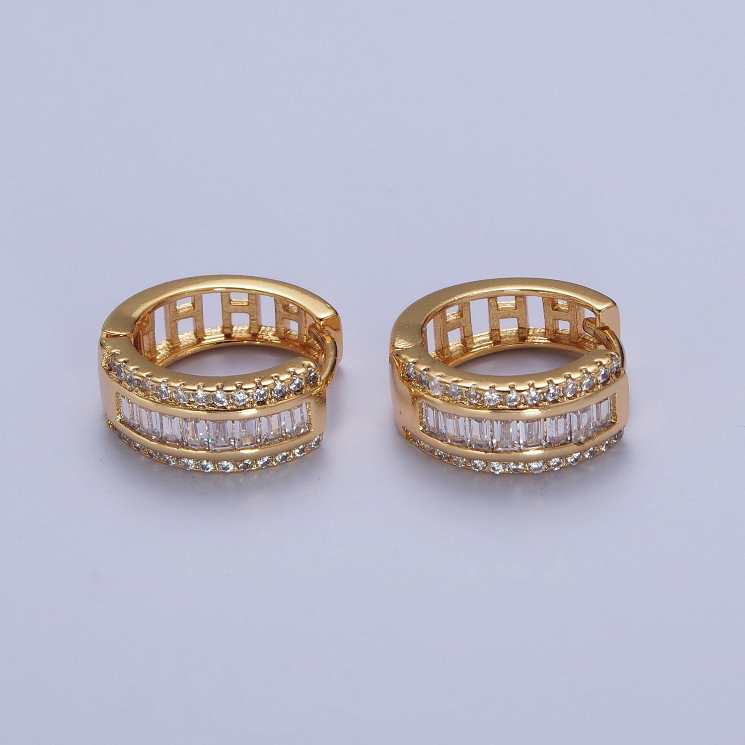 16K Gold Filled Micro Paved Baguette Lined Cubic Zirconia Huggie Hoops Earrings | X844 - DLUXCA