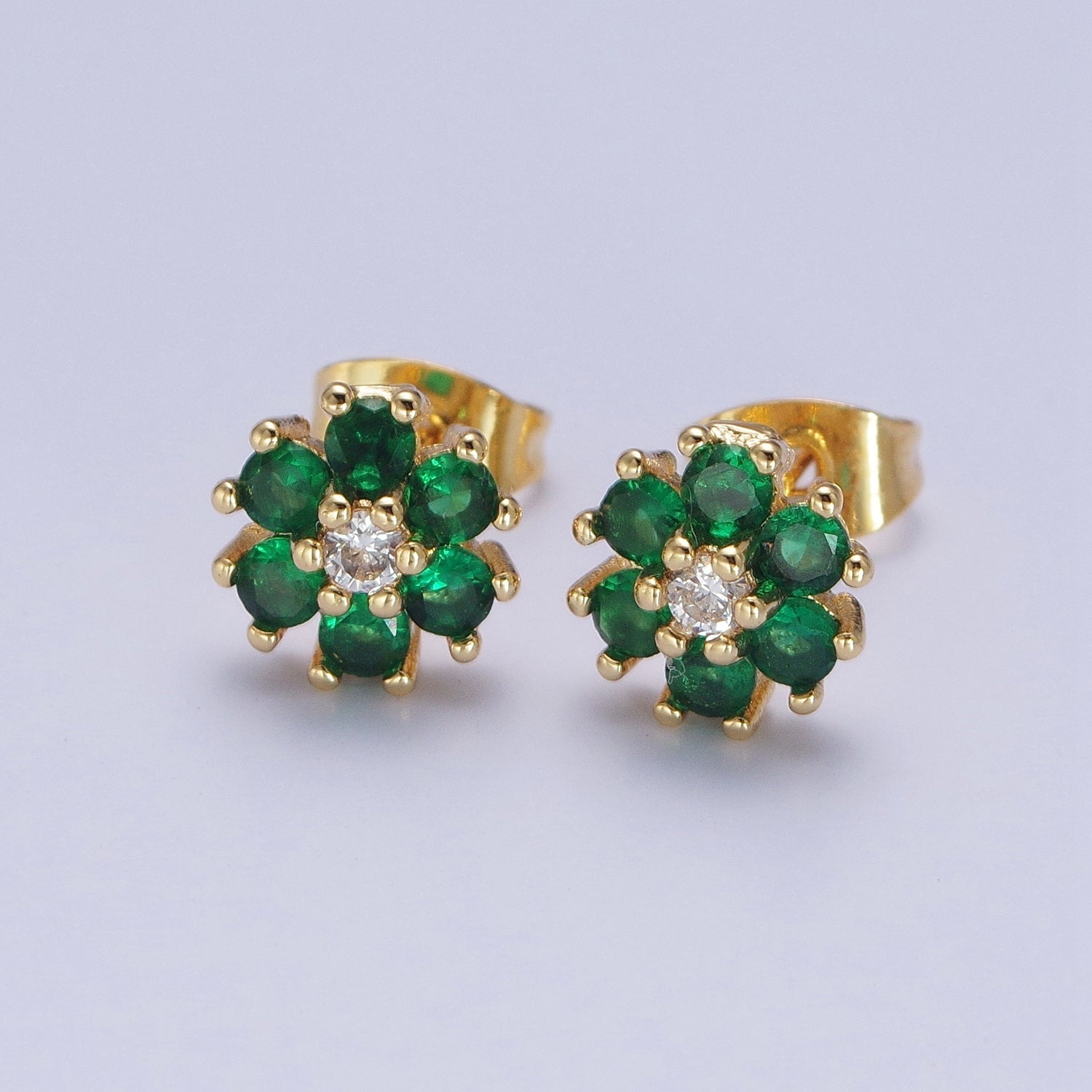 Dainty 24K Gold Filled Emerald Green & Clear Cubic Zirconia Flower Stud Earrings X-859 - DLUXCA