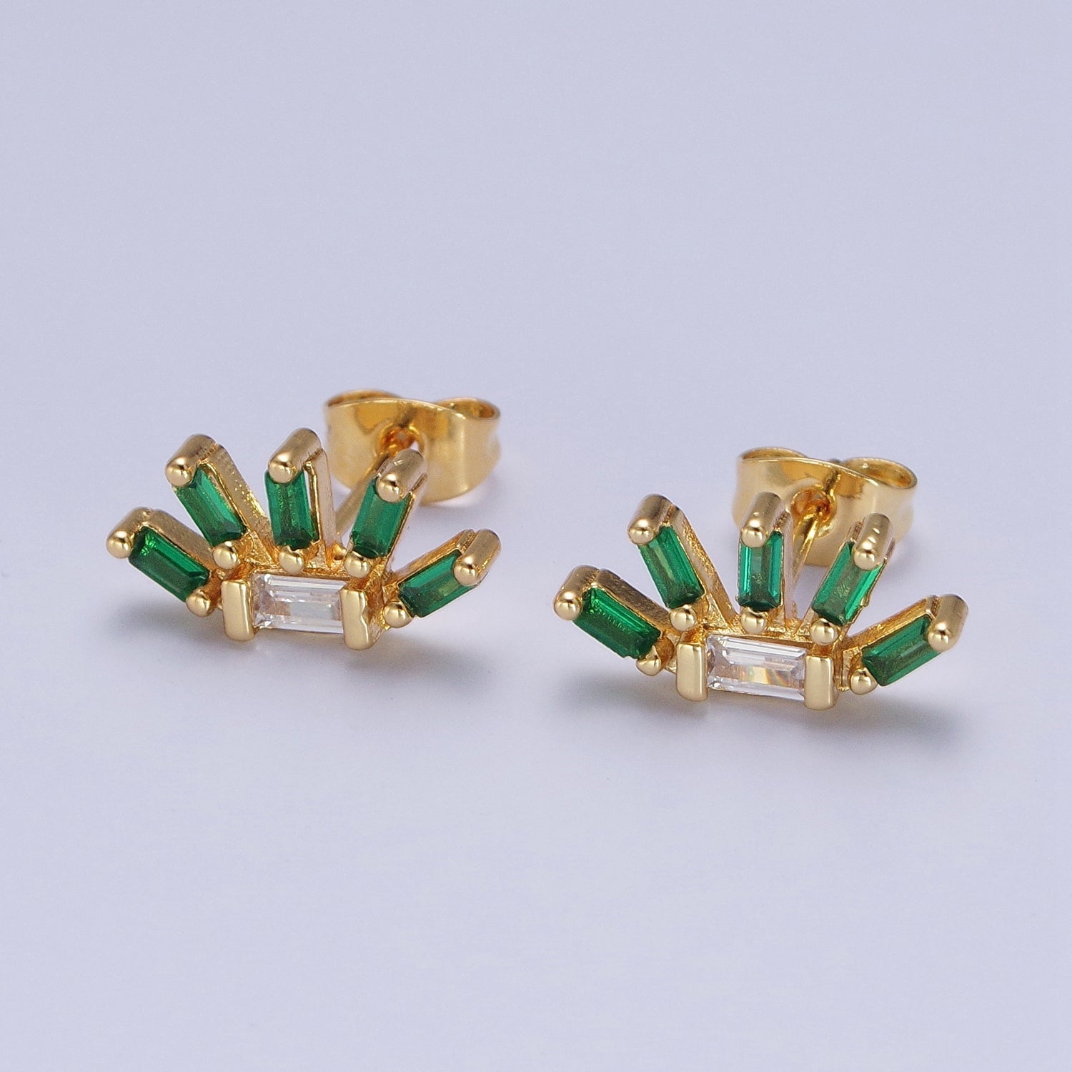 24K Gold Filled Multiple Green & Clear Baguette Cubic Zirconia Plant Flower Stud Earrings X-861 - DLUXCA