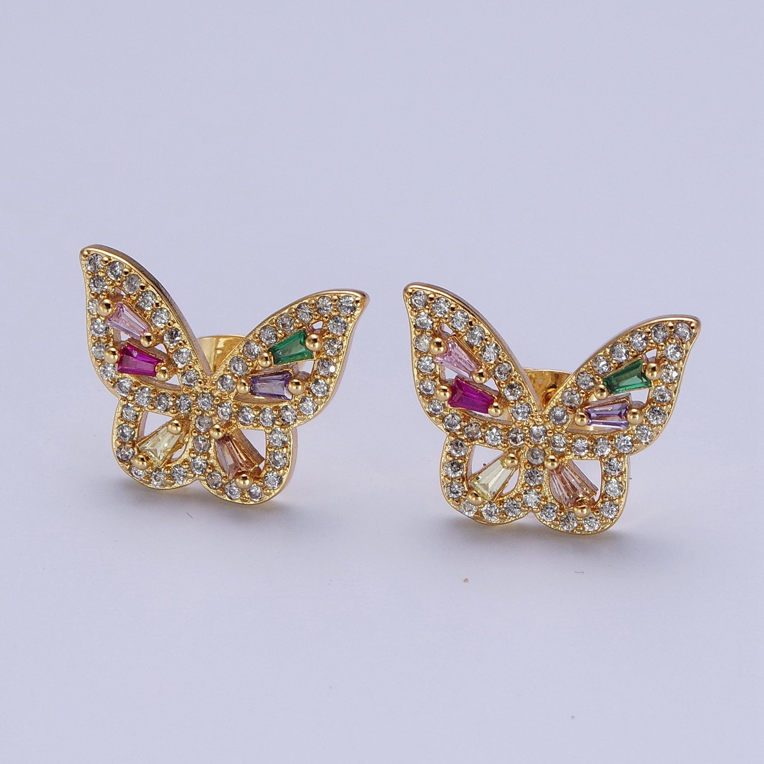 24K Gold Filled Micro Paved Clear Rainbow Butterfly Mariposa Studs Earrings | X862 - DLUXCA