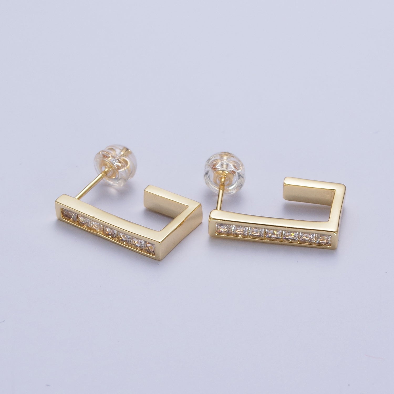 Micro Pave Cubic Zirconia Gold J Shaped Block Square Hoop Stud Earrings | X868-X875 - DLUXCA