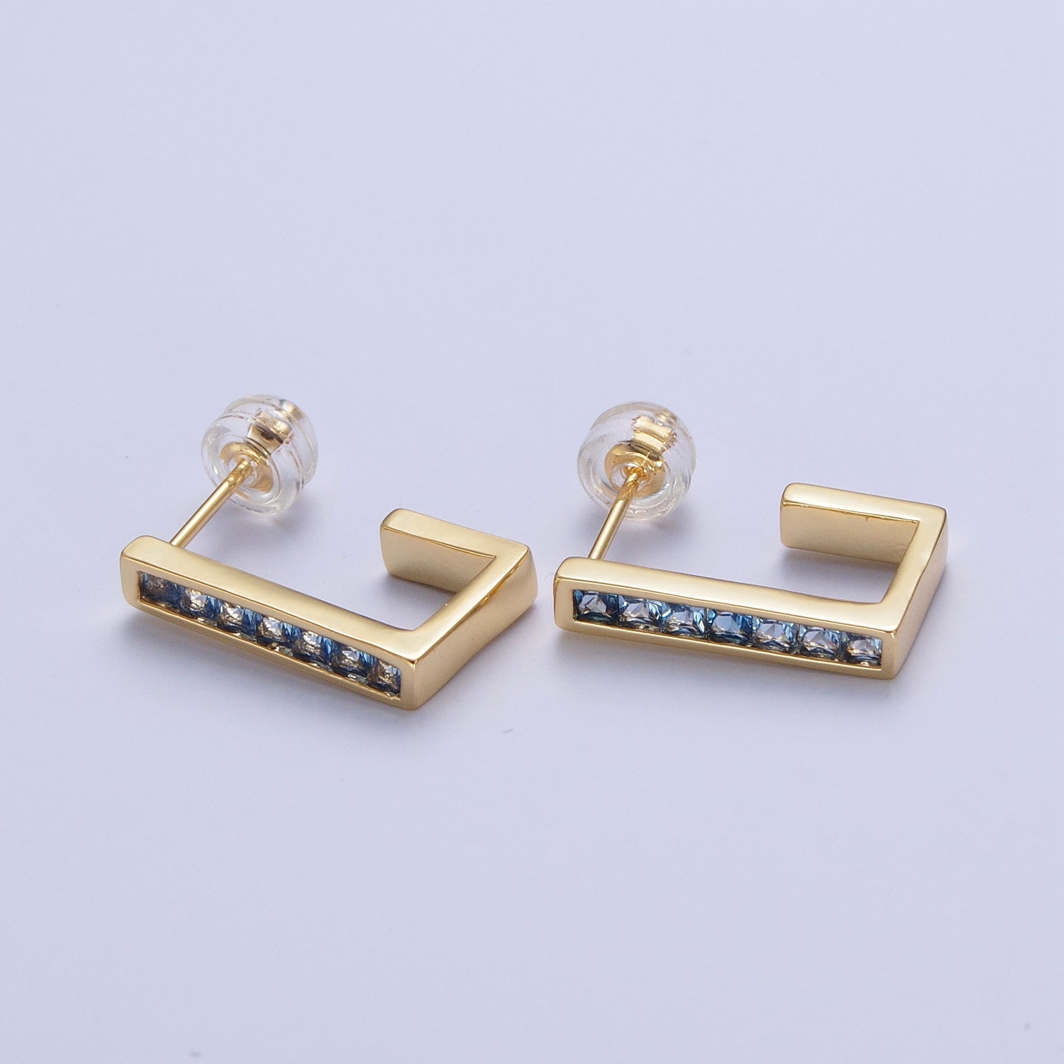 Micro Pave Cubic Zirconia Gold J Shaped Block Square Hoop Stud Earrings | X868-X875 - DLUXCA