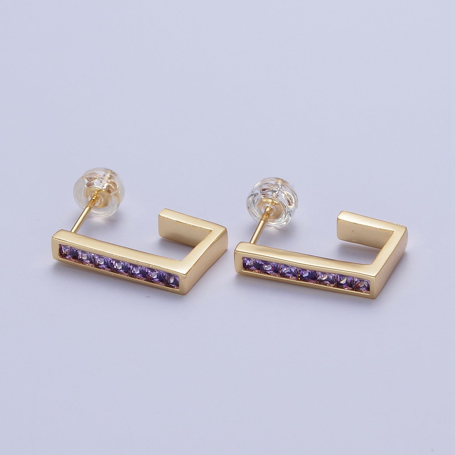 Micro Pave Cubic Zirconia Gold J Shaped Block Square Hoop Stud Earrings | X868-X875 - DLUXCA