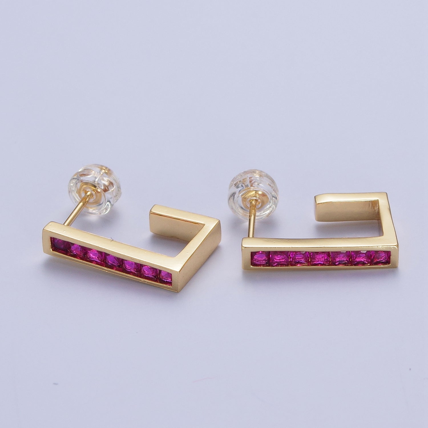 Micro Pave Cubic Zirconia Gold J Shaped Block Square Hoop Stud Earrings | X868-X875 - DLUXCA