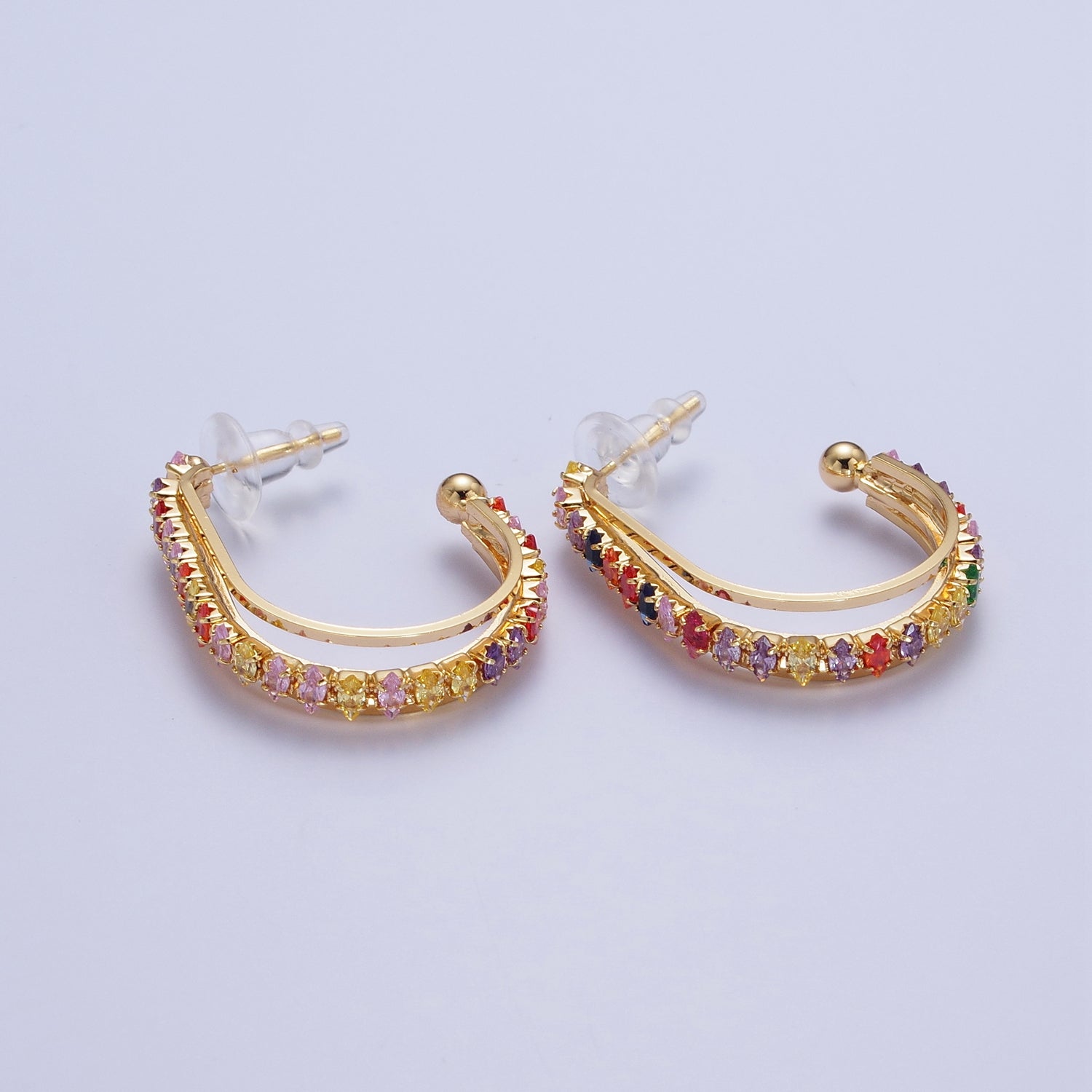 24K Gold Filled Marquise Cubic Zirconia Multiple Band J-Hoop Stud Earrings | X841 X884-X890 - DLUXCA