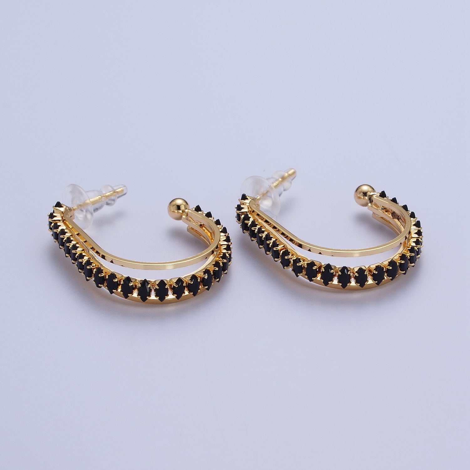 24K Gold Filled Marquise Cubic Zirconia Multiple Band J-Hoop Stud Earrings | X841 X884-X890 - DLUXCA