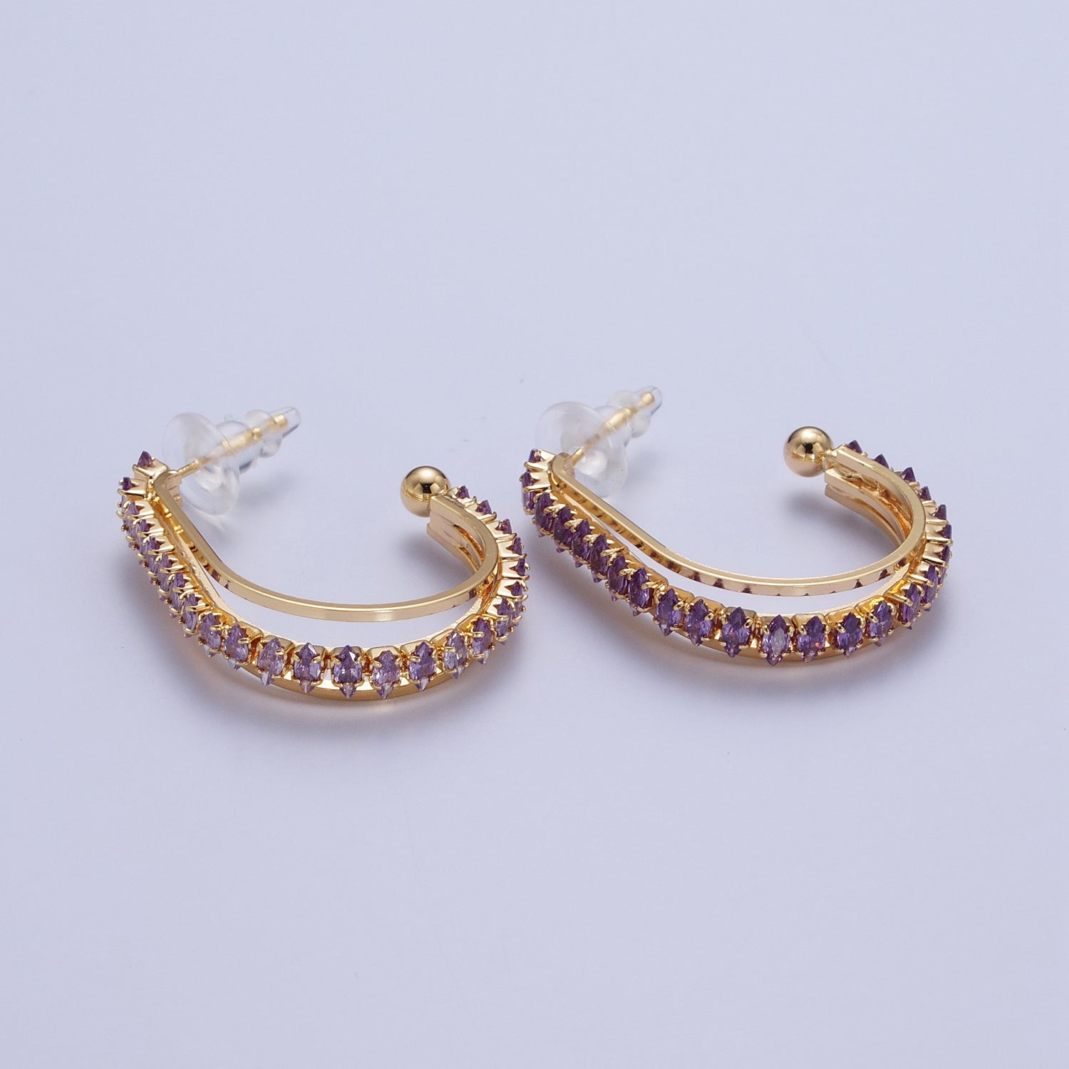 24K Gold Filled Marquise Cubic Zirconia Multiple Band J-Hoop Stud Earrings | X841 X884-X890 - DLUXCA