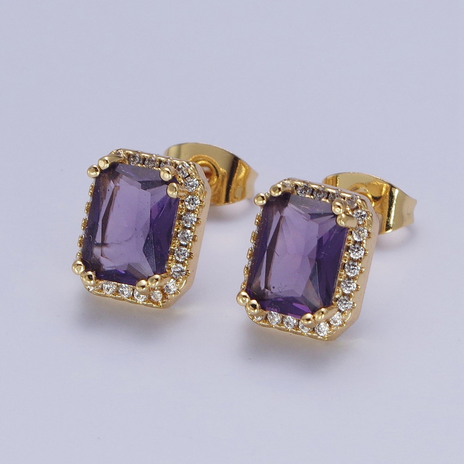 Micro Paved Clear Pink Purple Green Baguette Square Cubic Zirconia Gold Stud Earrings | X896-X899 - DLUXCA