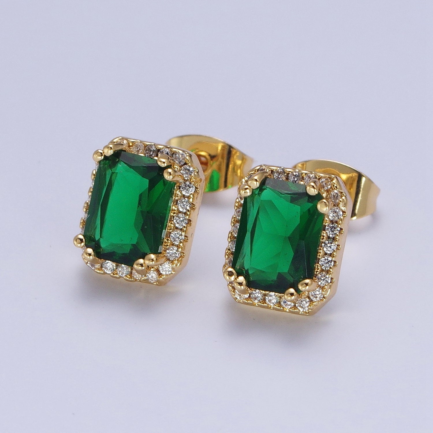 Micro Paved Clear Pink Purple Green Baguette Square Cubic Zirconia Gold Stud Earrings | X896-X899 - DLUXCA