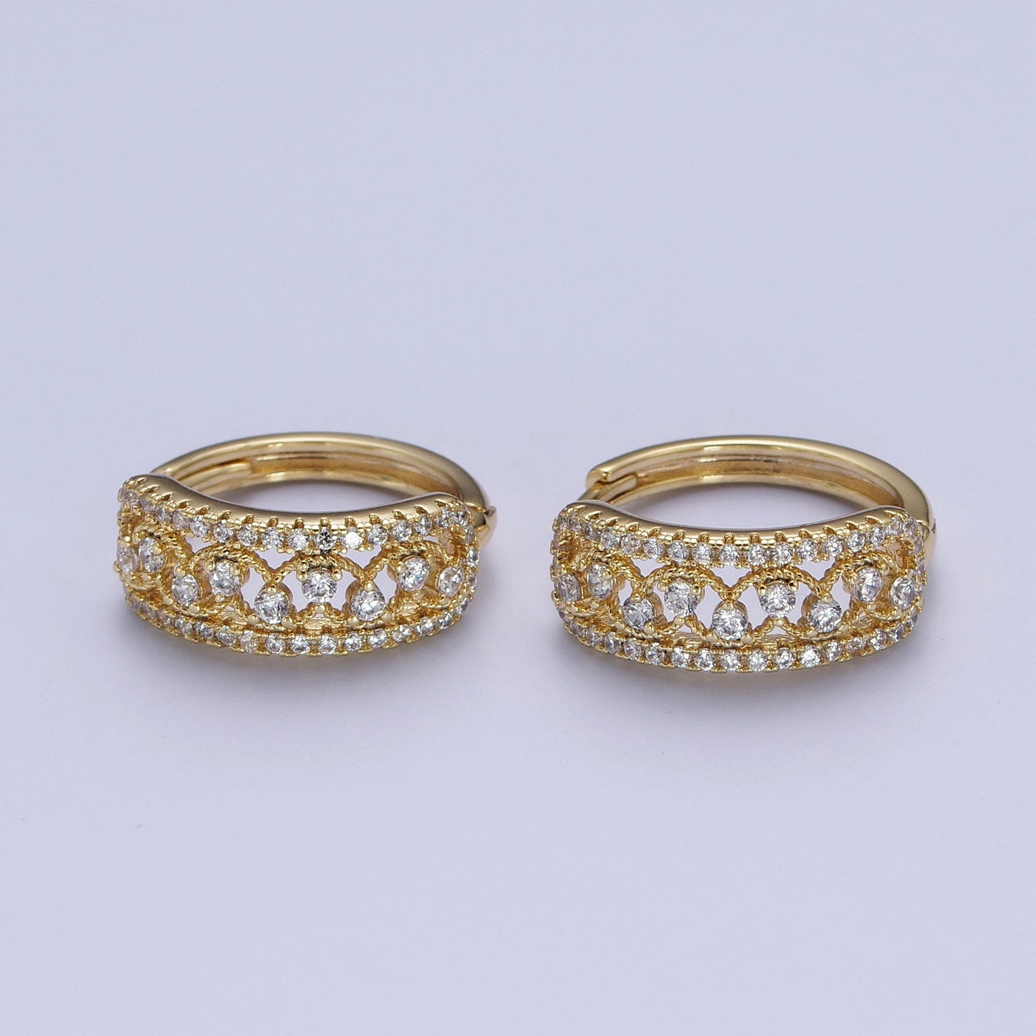 14K Gold Filled Elaborate Micro Paved Cubic Zirconia Wide Huggie Hoop Earrings | X908 - DLUXCA