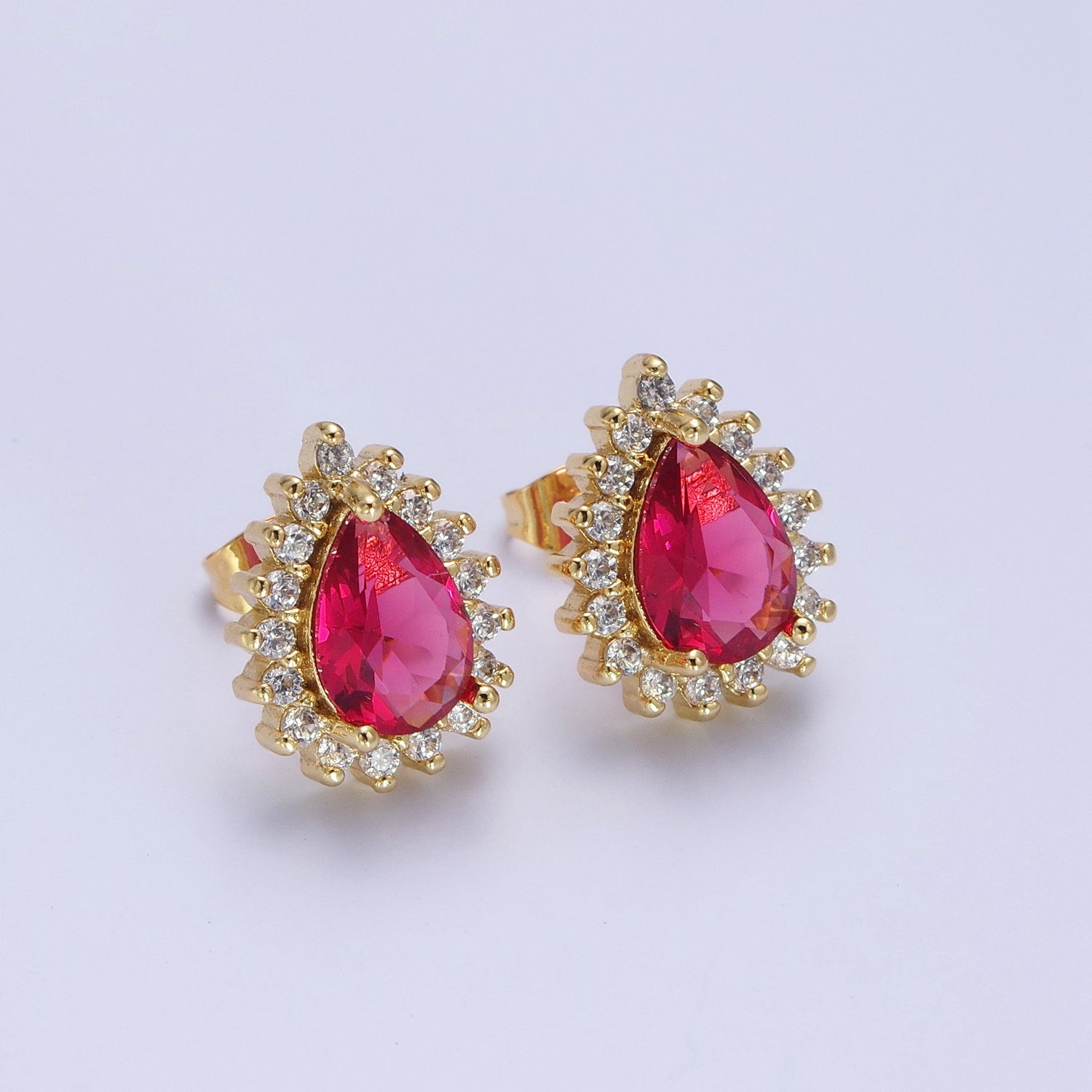 Fuchsia & Clear Teardrop Cubic Zirconia Celestial Sun Burst Gold Stud Earrings | X926 - DLUXCA