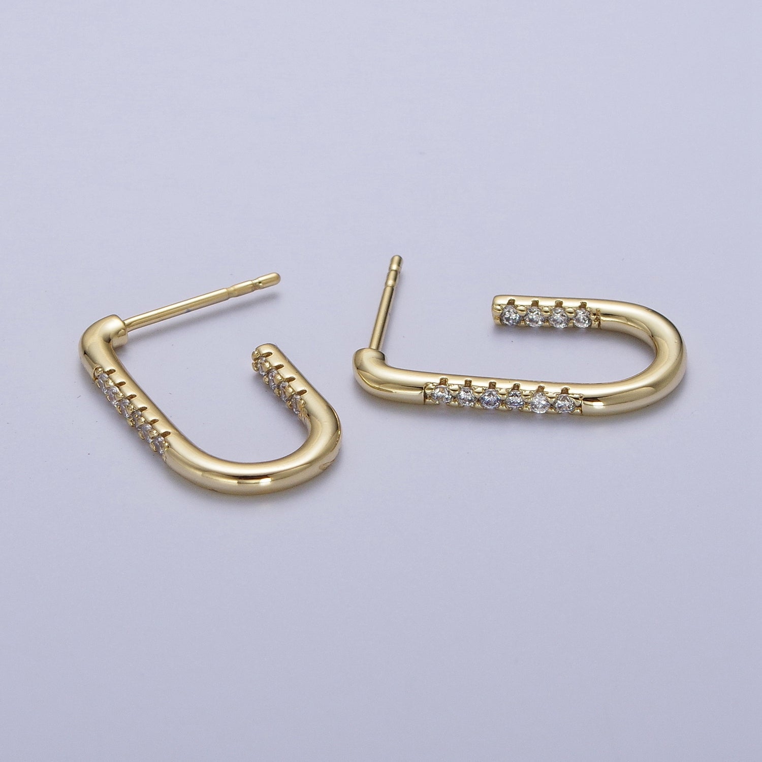 Micro Paved CZ J Shaped Geometric Gold Stud Hoop Earrings | Y053 - DLUXCA