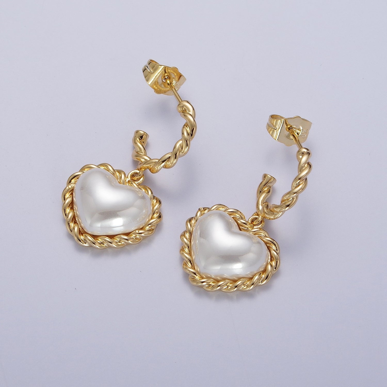 Gold Twist Rope C Shaped Hoop White Shell Heart Pearl Dangle Drop Stud Earrings | Y061 - DLUXCA
