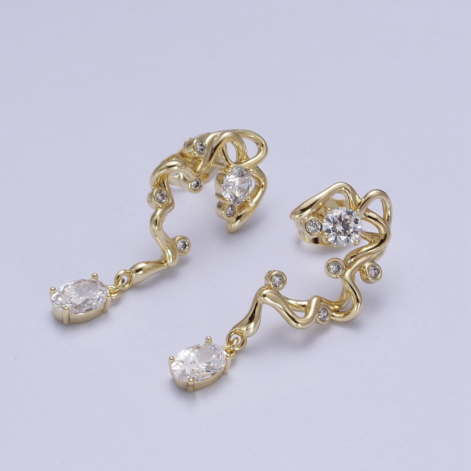 14K Gold Geometric Abstract Round Oval Cubic Zirconia Drop Stud Earrings | Y062 - DLUXCA
