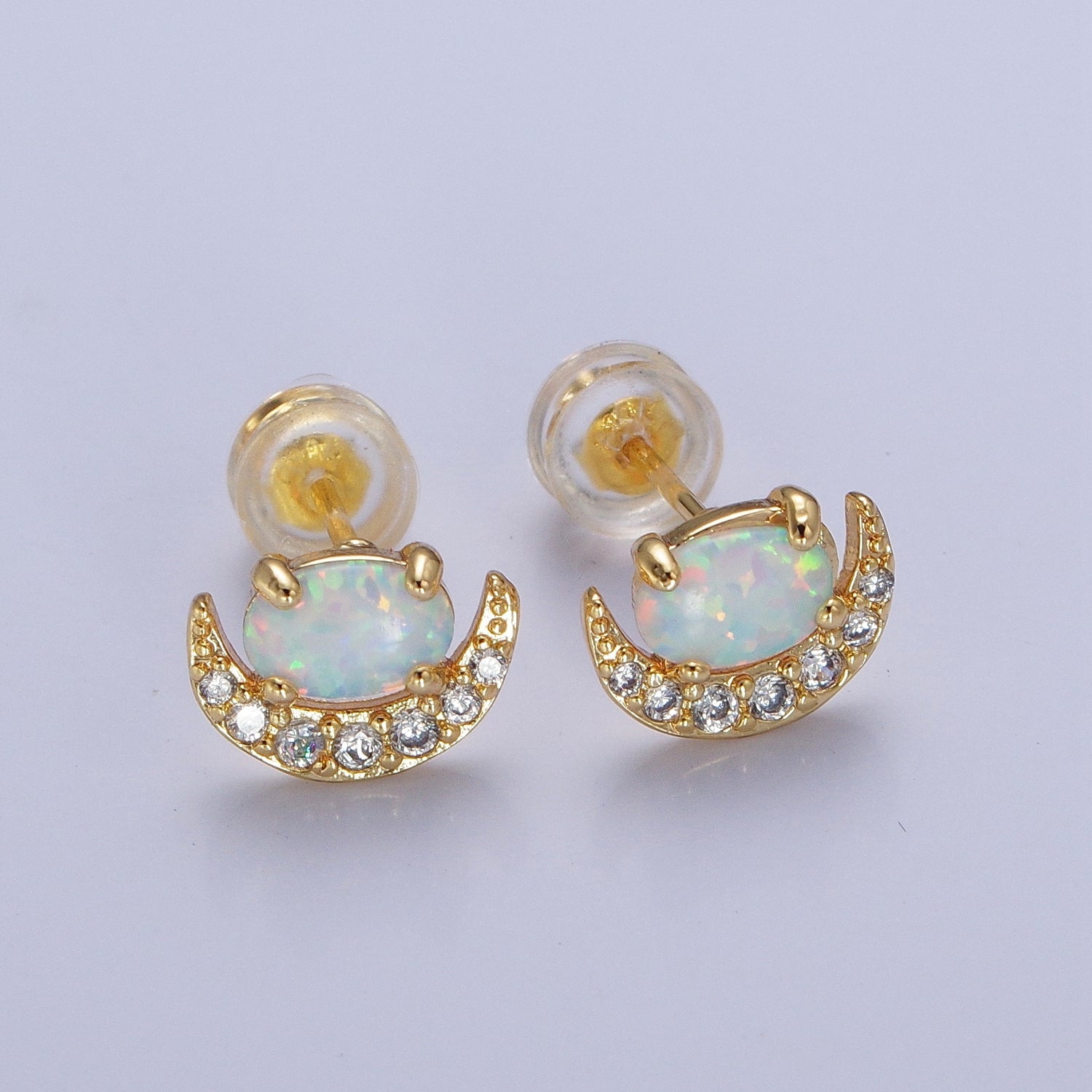 Mini 14K Gold Filled Micro Pave Crescent Moon CZ White Opal Stud Earrings | Y088 - DLUXCA