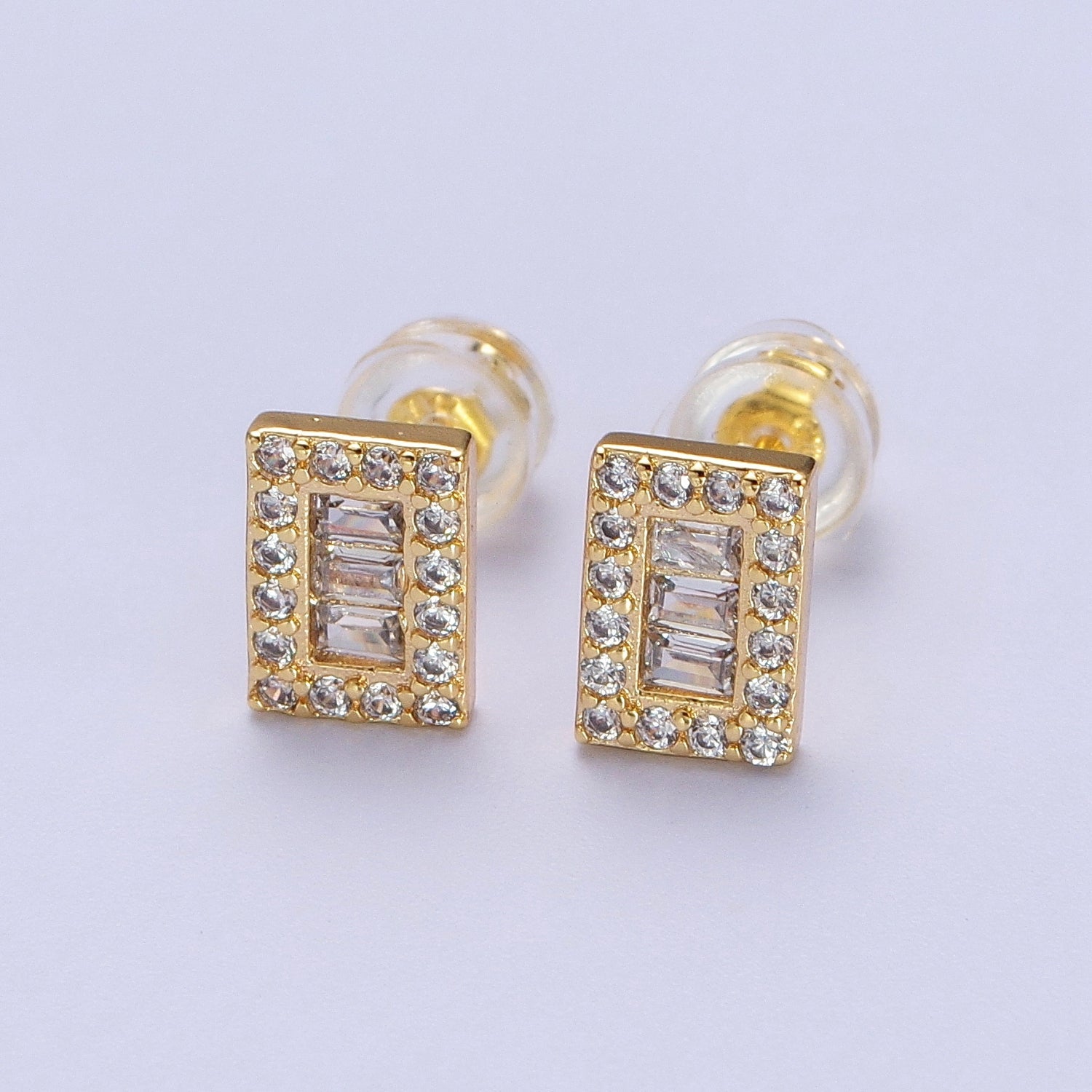 24K Gold Filled Micro Paved Baguette CZ Rectangular Bar Stud Earrings | Y103 - DLUXCA