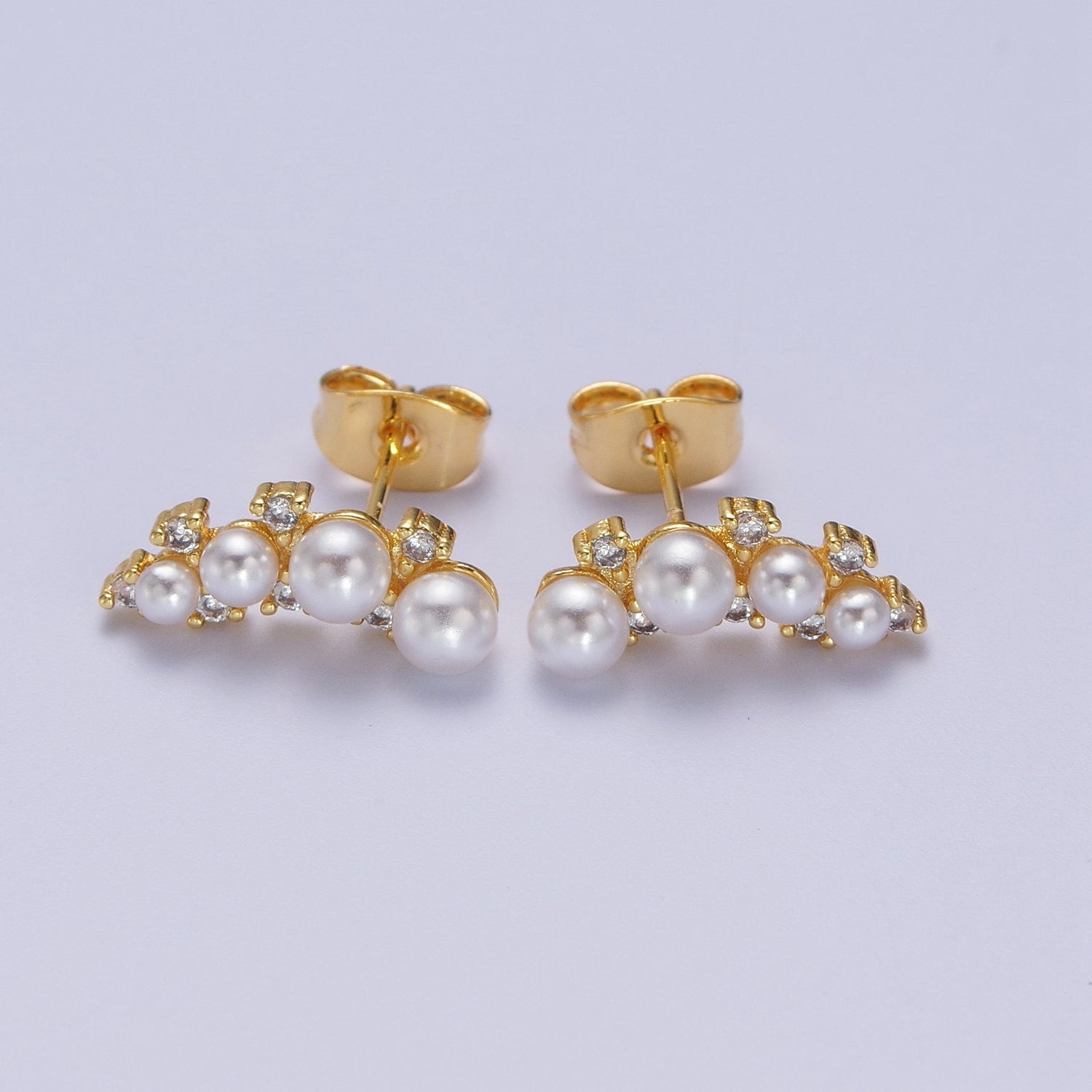 Gold Crescent Round White Pearls Stud Earrings | Y116 - DLUXCA