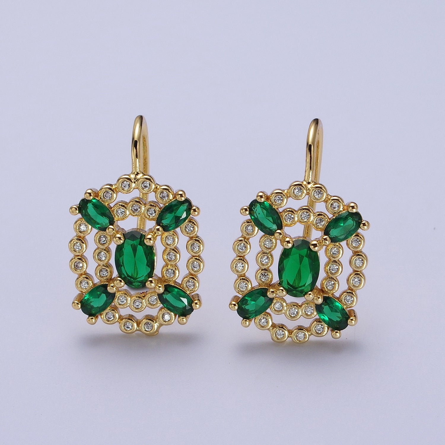 Oval Emerald Green French Hook Earring Circular Cubic Zirconia Drop CZ Gold Earrings | Y118 - DLUXCA