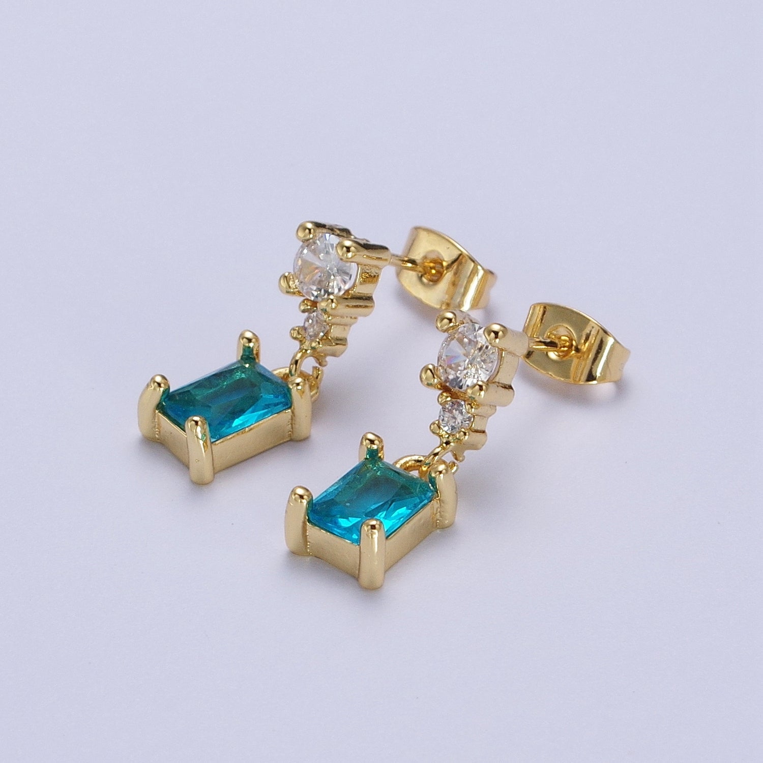 24K Gold Filled Aqua Blue Baguette Cubic Zirconia Dangle Drop Stud Earrings | Y119 - DLUXCA
