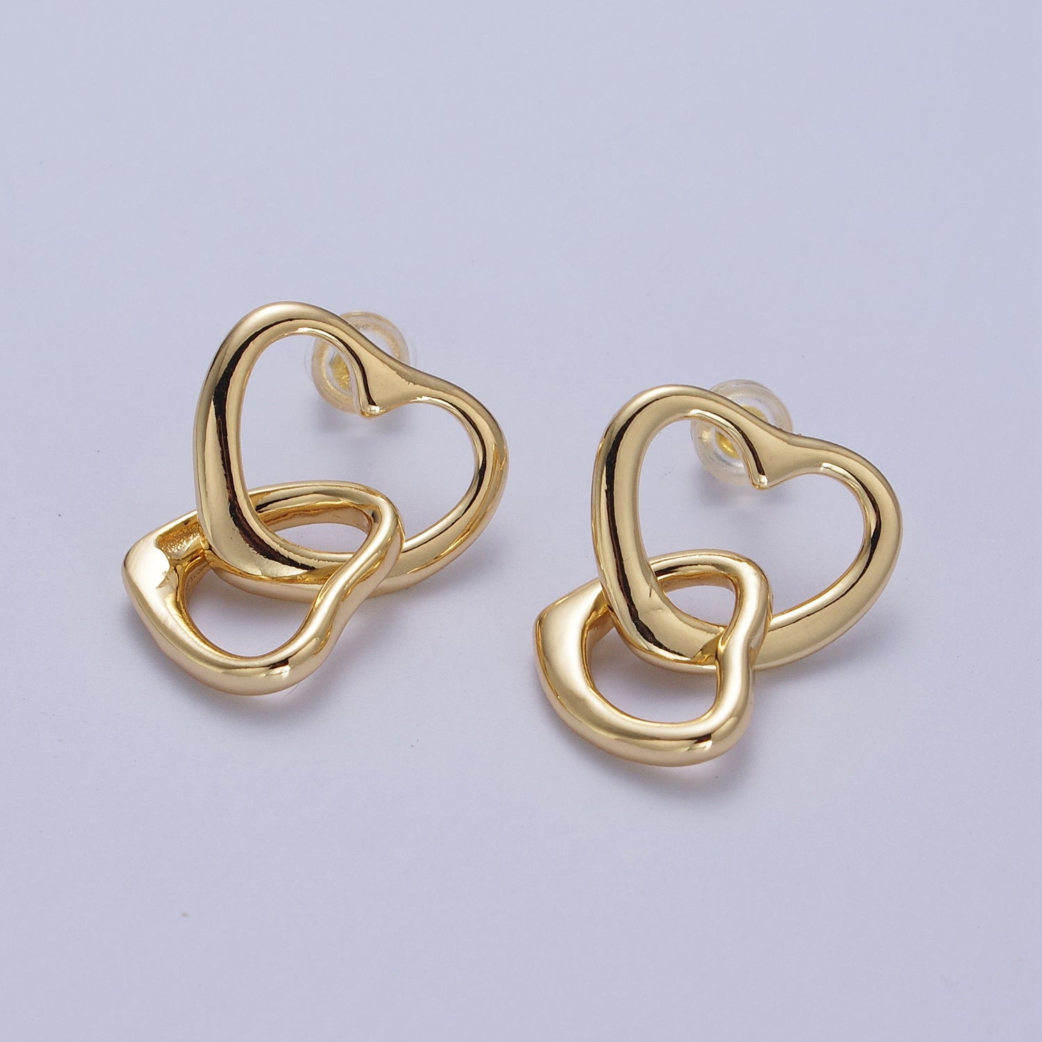 Double Gold Valentine Hearts Stud Drop Earrings | Y149 - DLUXCA