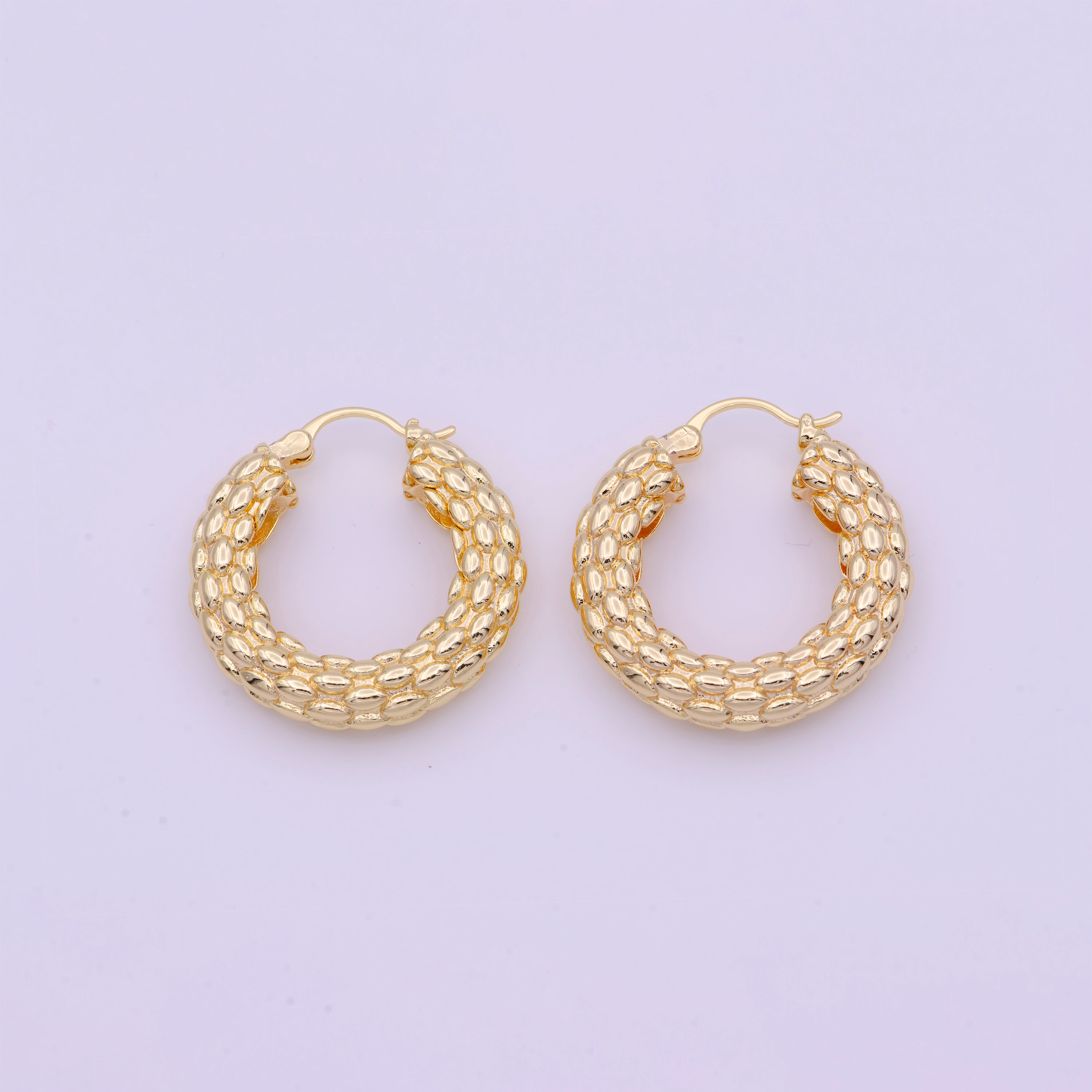 Chunky Beaded Gold Hoop Earring Textured 30mm Hoop Earring Y157 - DLUXCA