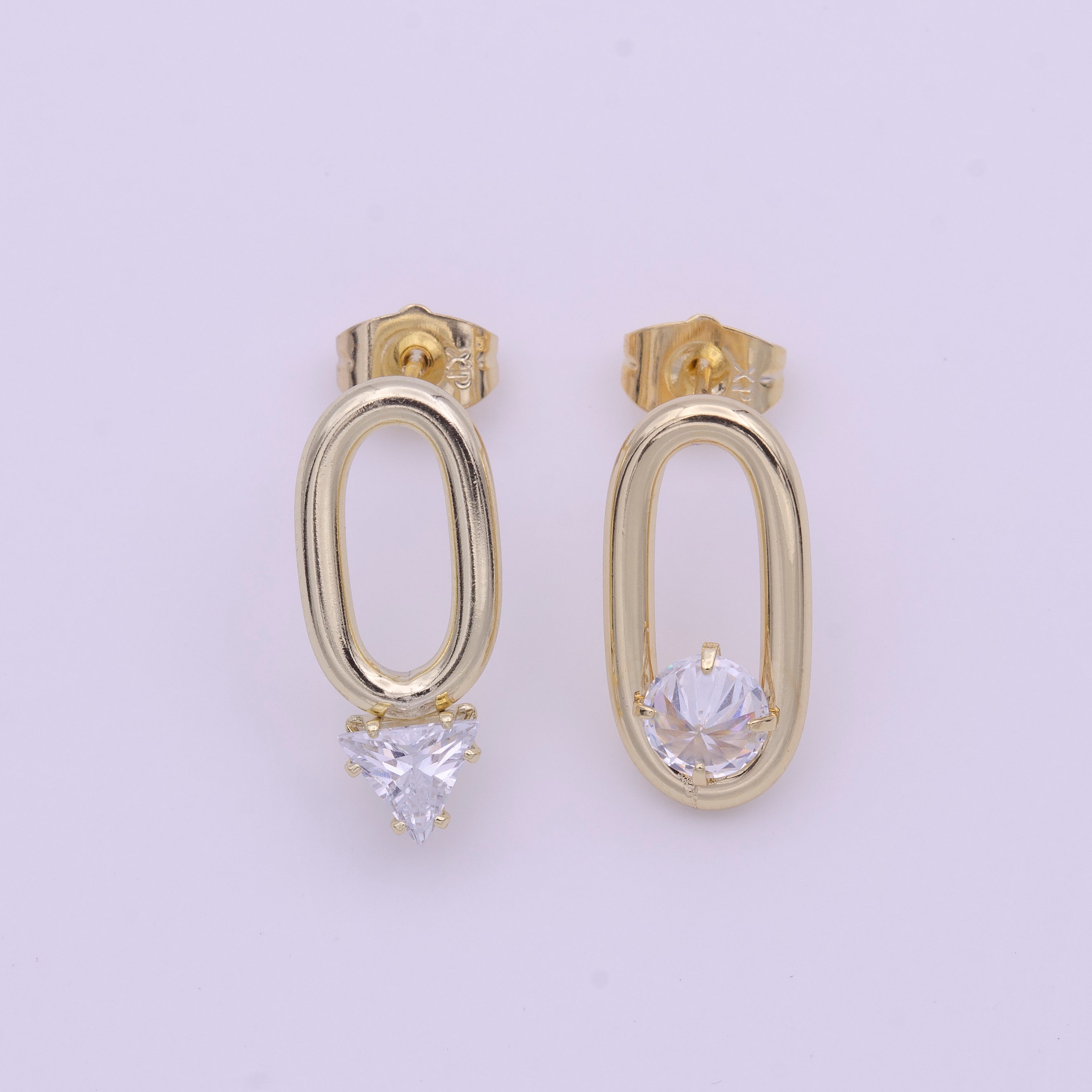 Geometric Gold Oval Triangle Round Clear Cubic Zirconia Stud Earrings | Y164 - DLUXCA