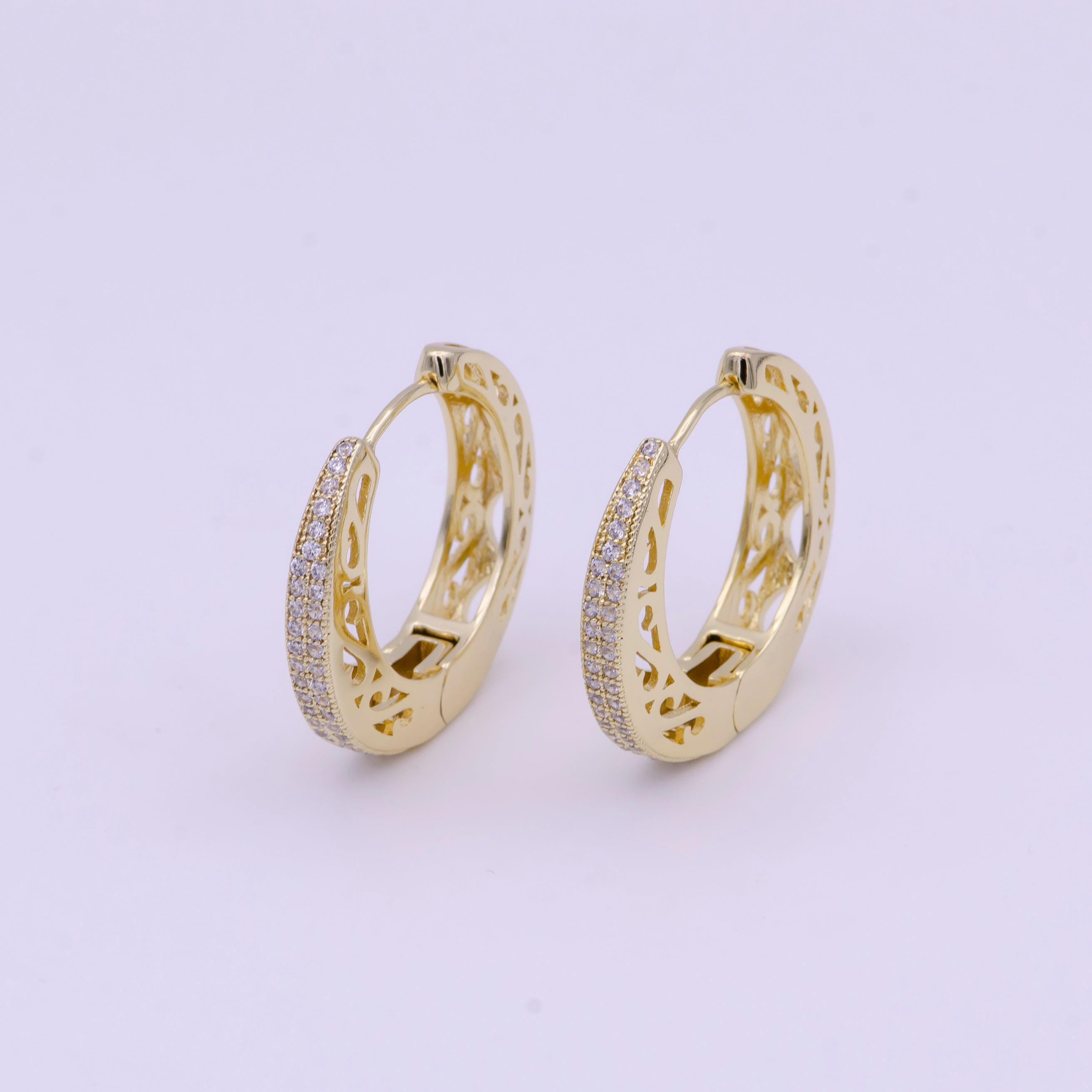 Micro Paved CZ Filigree 25mm Gold Huggie Hoop Earrings | Y166 - DLUXCA