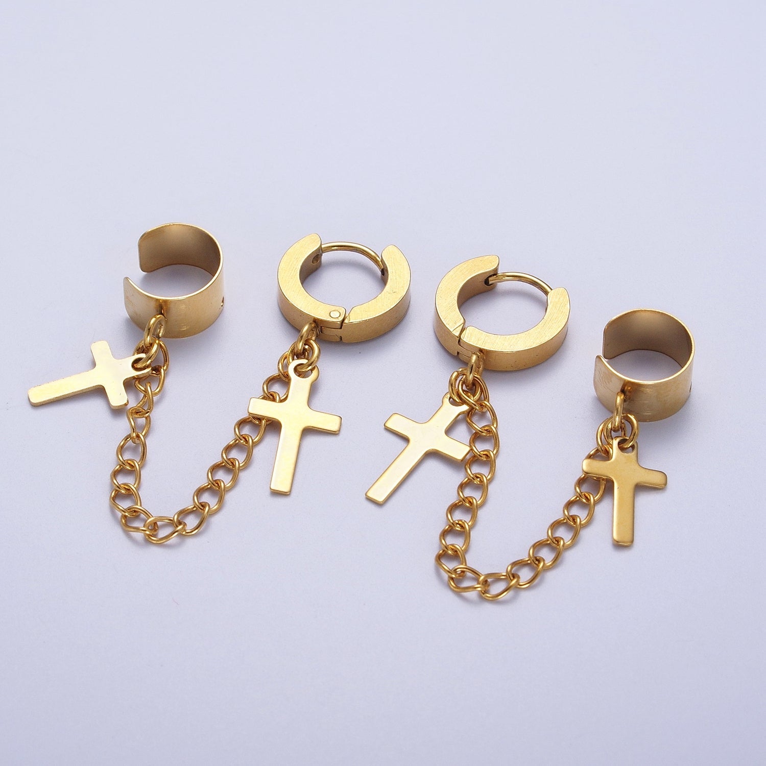 24K Gold Filled Religious Cross Chain Linked Huggie & Ear Cuff | Y175 - DLUXCA
